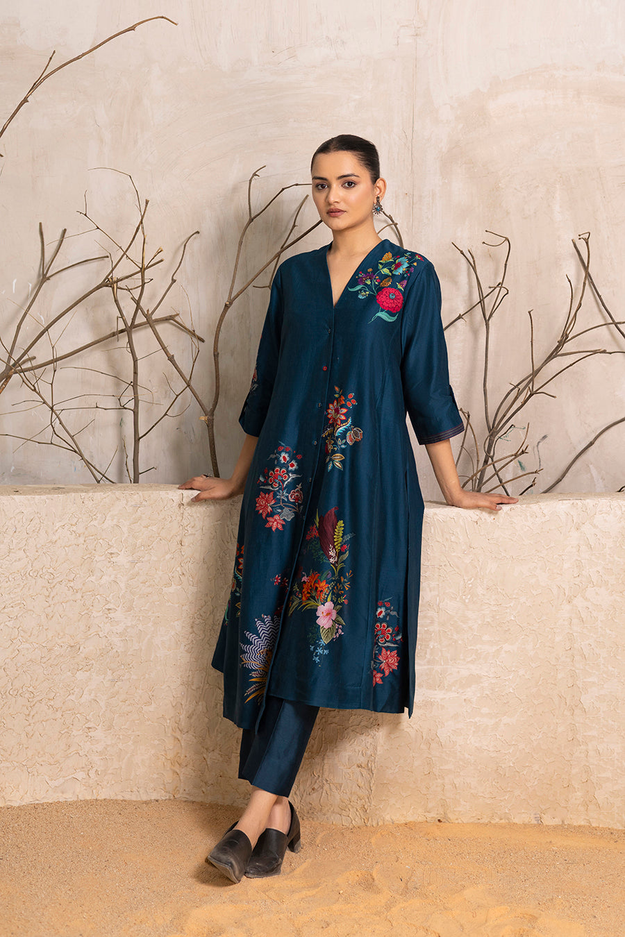 Indigo Silk Chanderi Printed High-Low Dress