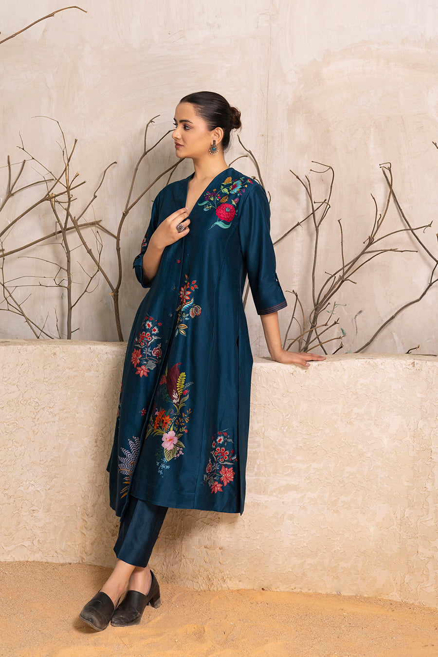 Indigo Silk Chanderi Printed High-Low Dress