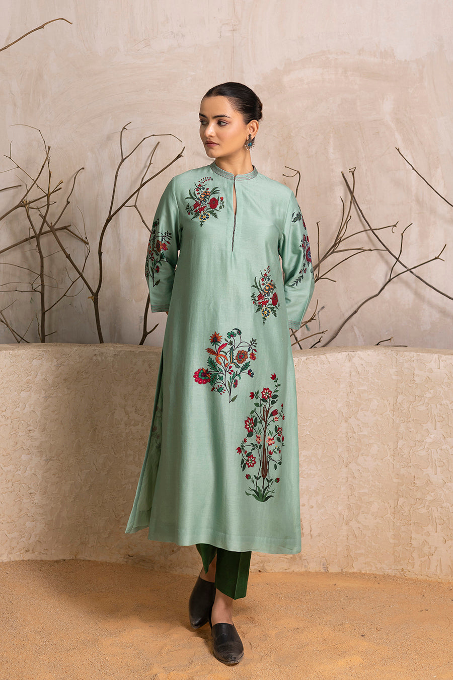 Mint Silk Chanderi Floral Boota Printed Tunic