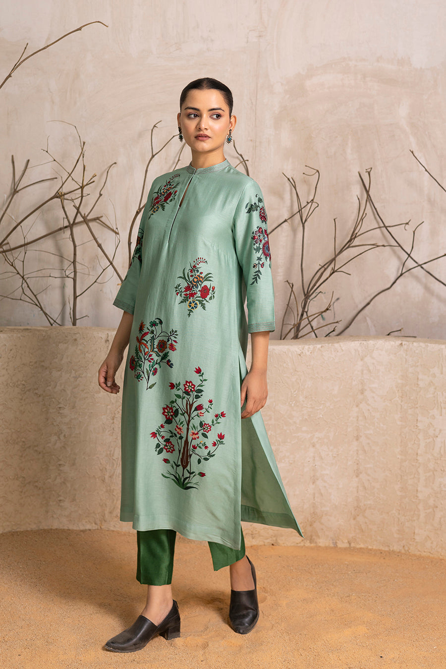 Mint Silk Chanderi Floral Boota Printed Tunic