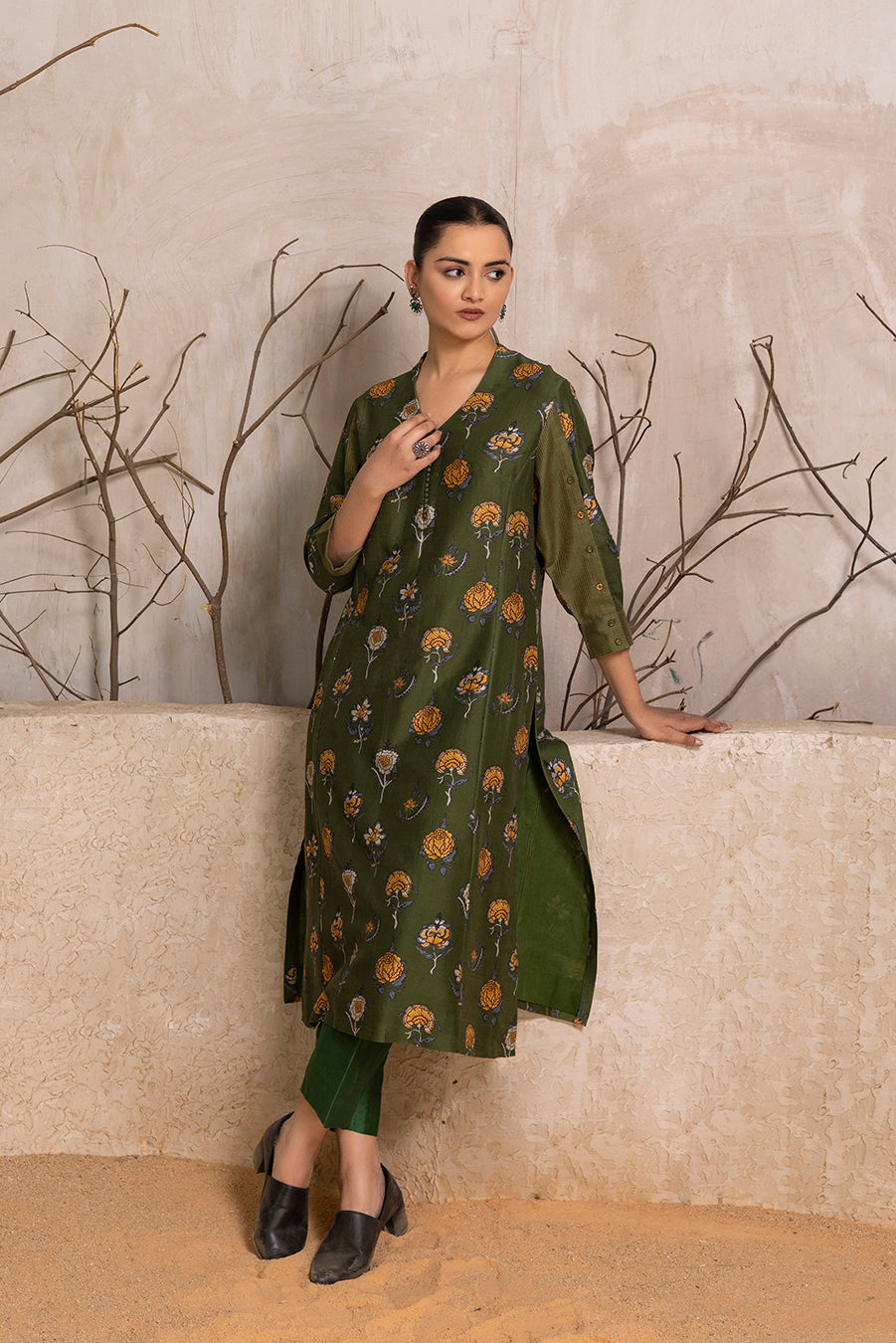 Leaf Green Silk Chanderi Printed Tunic