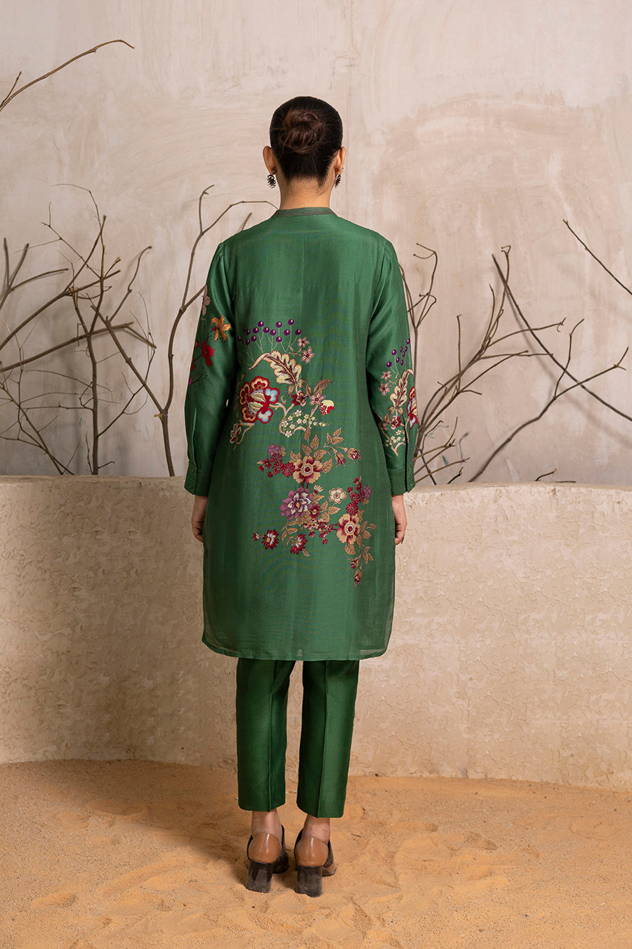 Green Silk Chanderi Floral Printed Shirt Style Tunic