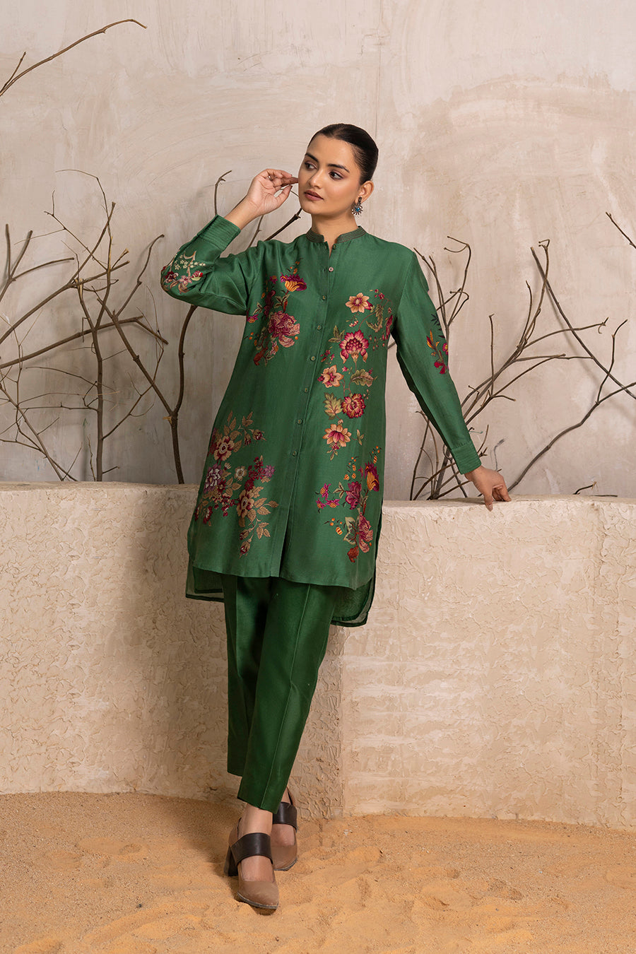 Green Silk Chanderi Floral Printed Shirt Style Tunic