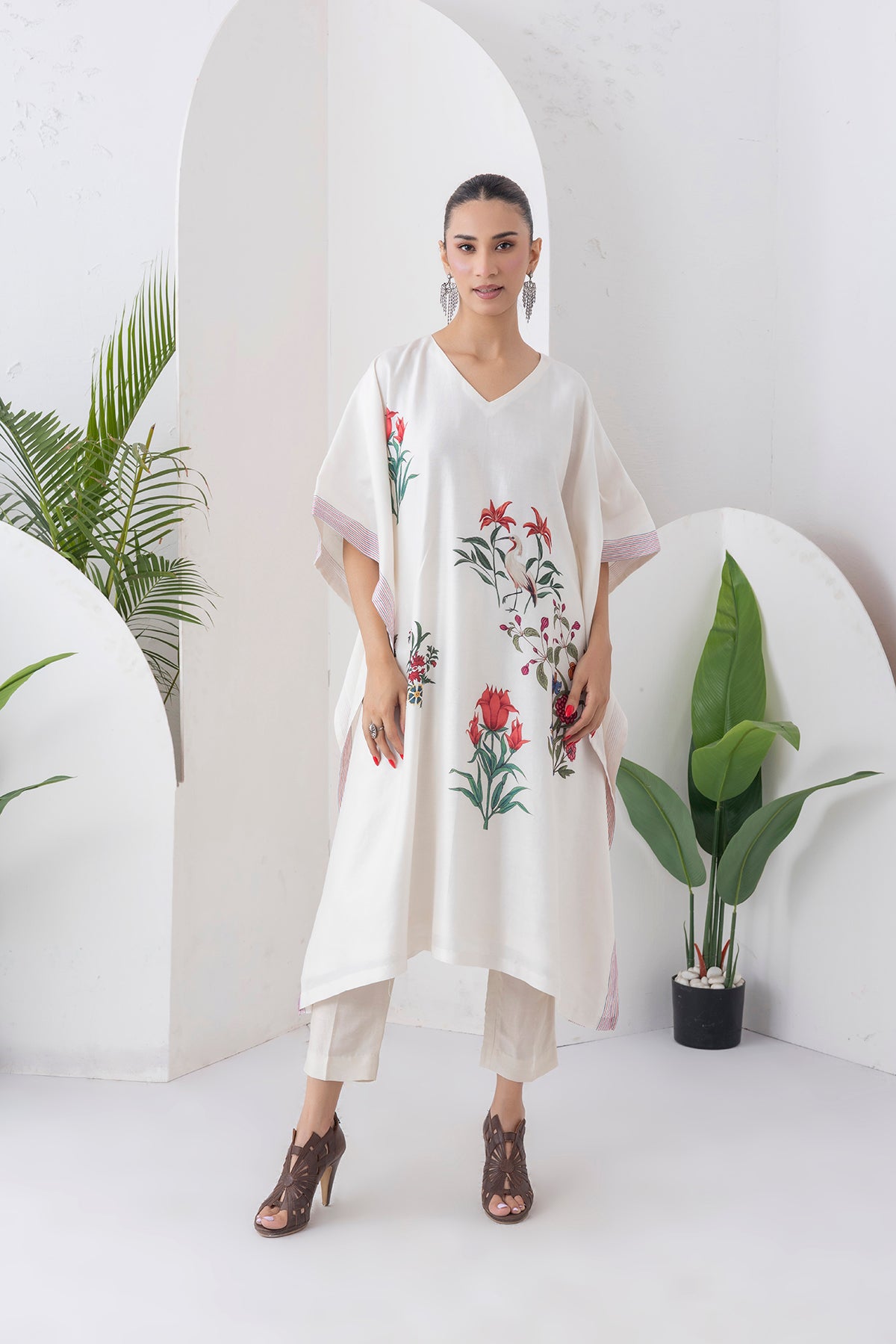 Ivory Silk Chanderi Floral Printed Kaftan