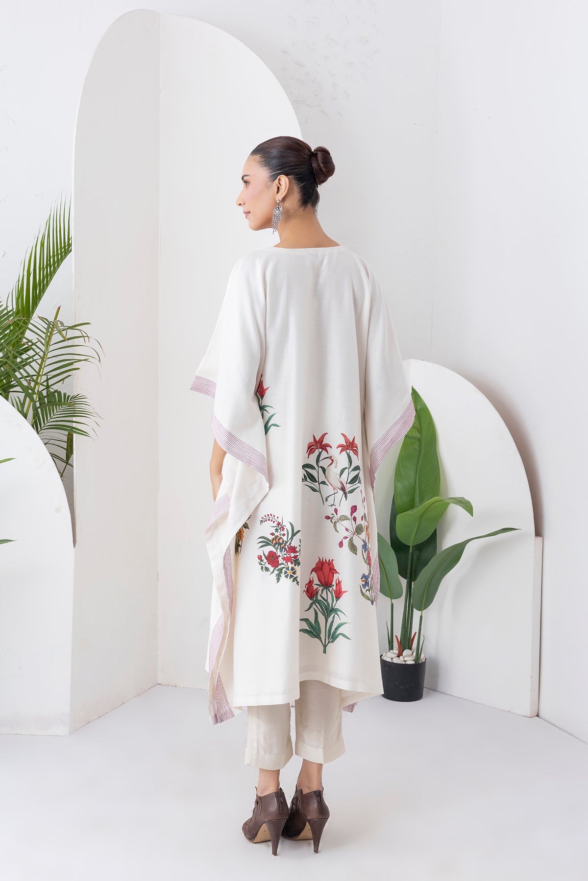 Ivory Silk Chanderi Floral Printed Kaftan
