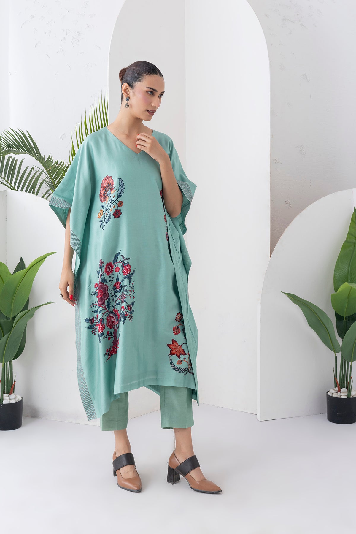 Mint Silk Chanderi Chintz Printed Kaftan