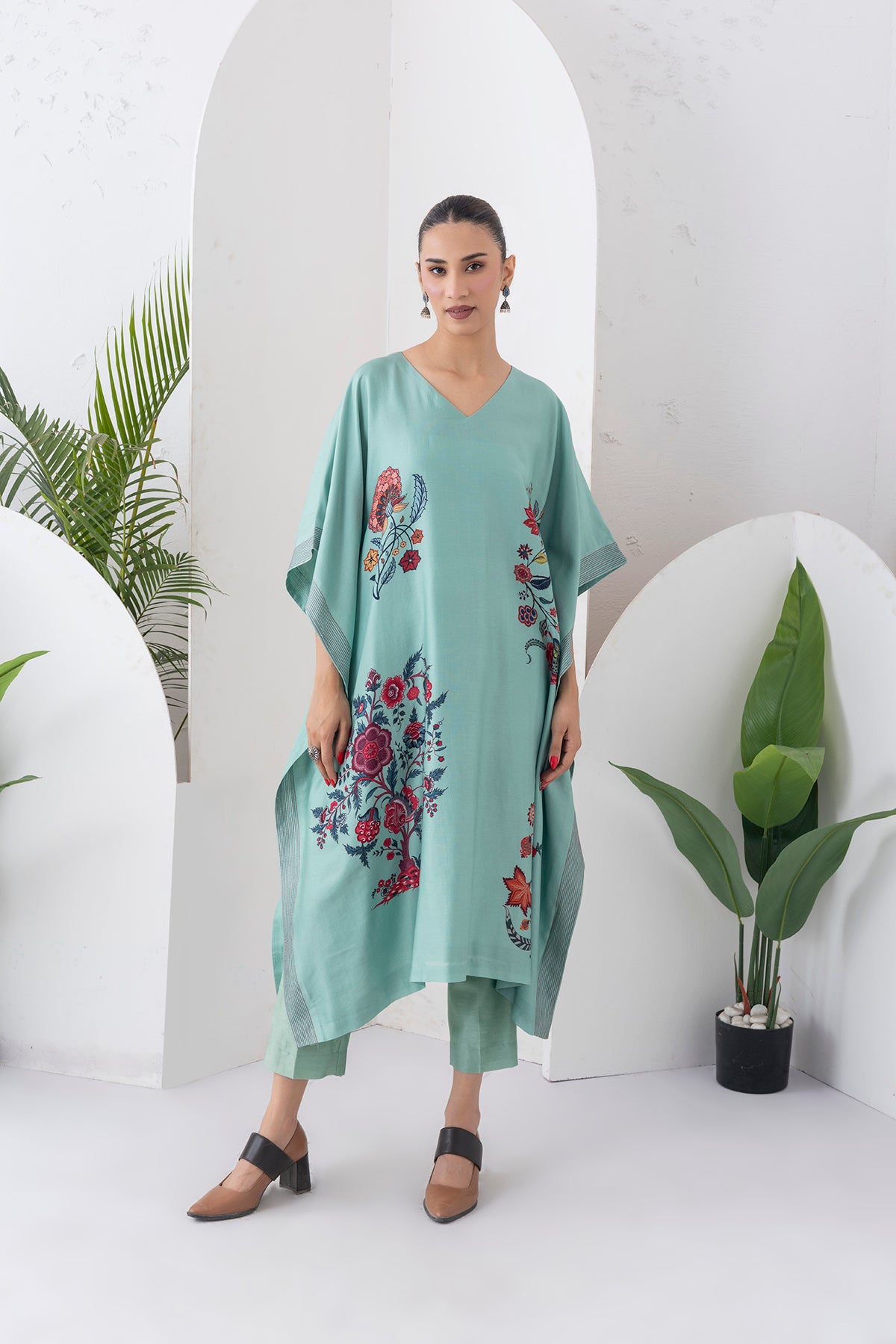 Mint Silk Chanderi Chintz Printed Kaftan