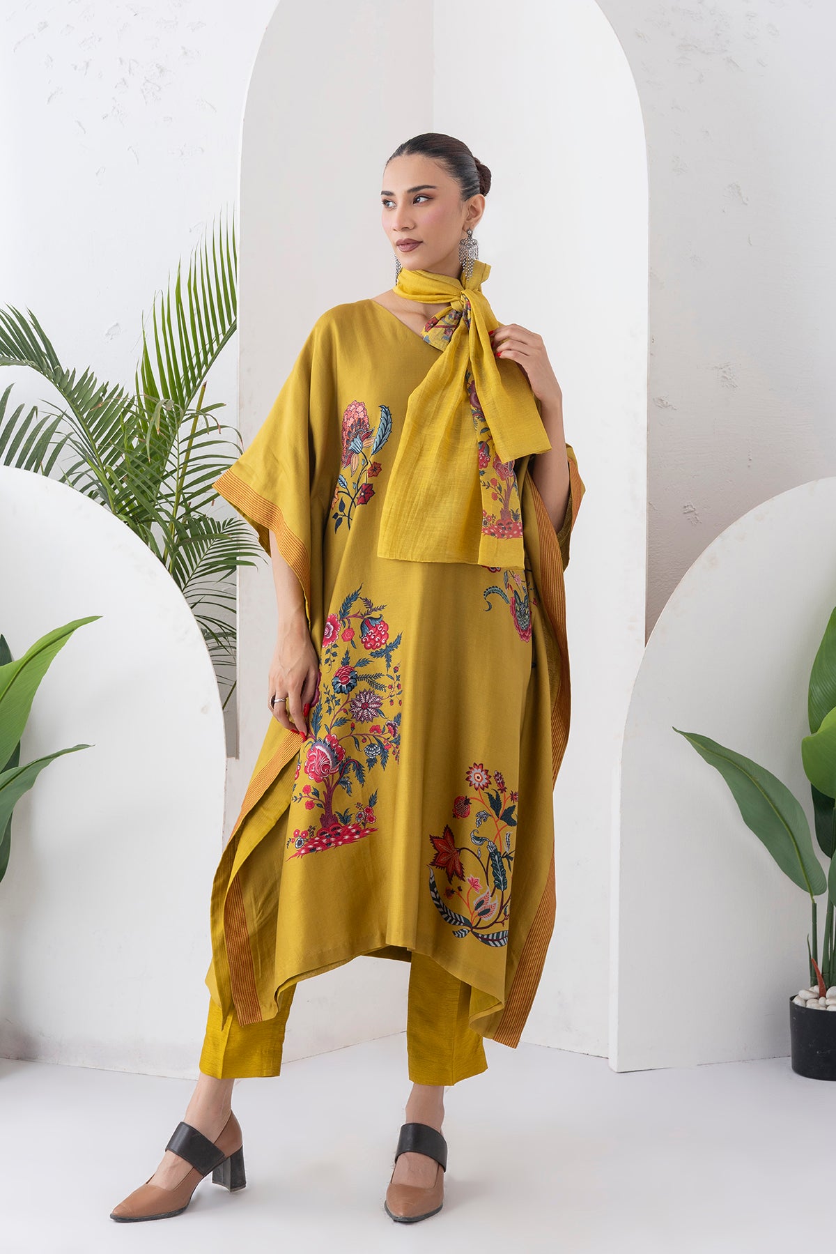 Mustard Silk Chanderi Chintz Printed Kaftan