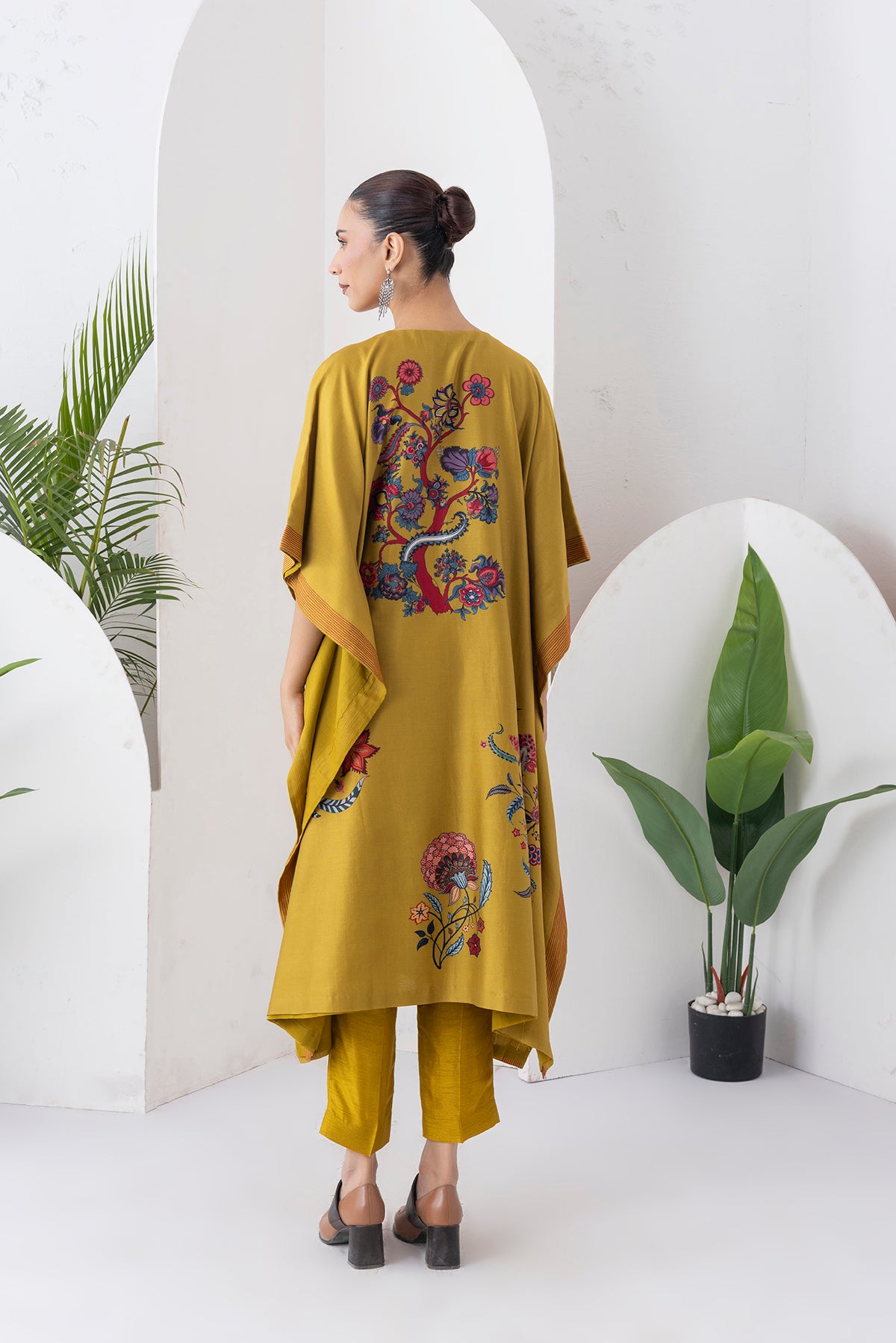 Mustard Silk Chanderi Chintz Printed Kaftan