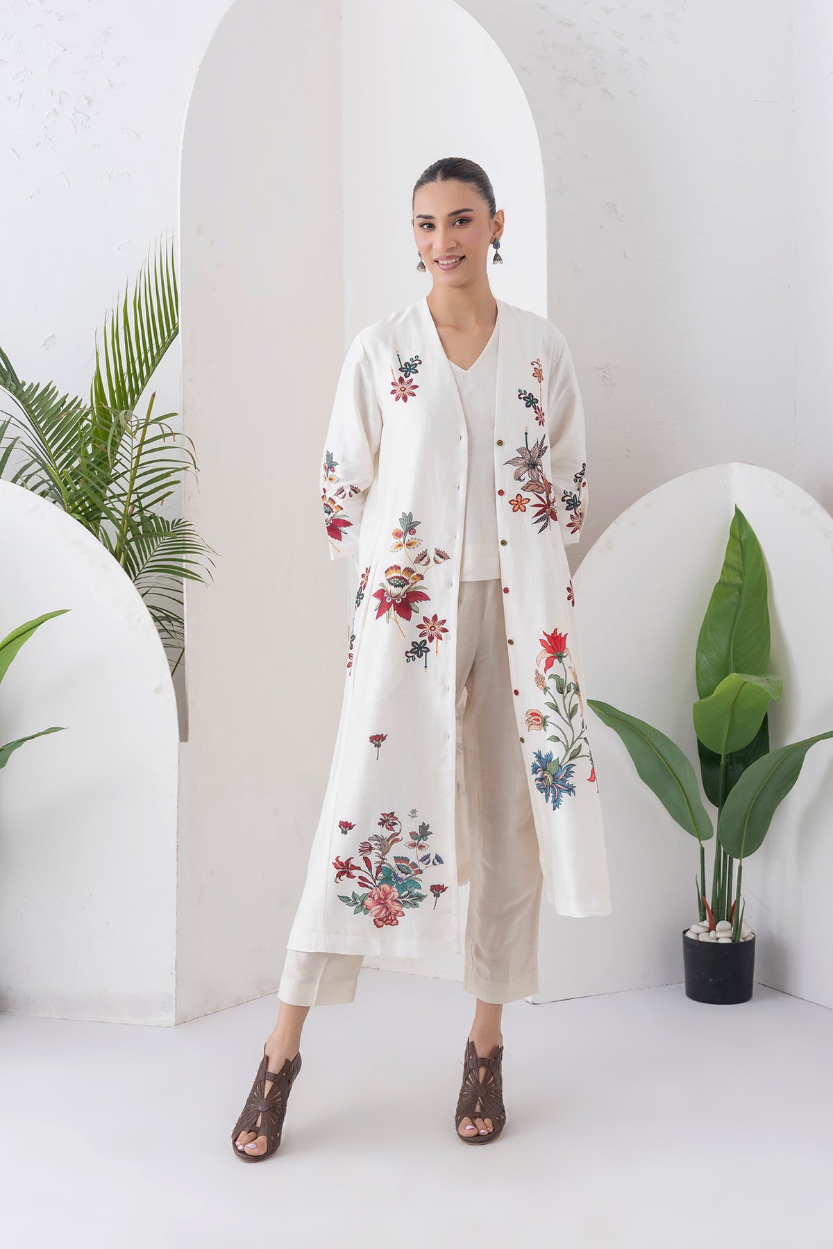 Ivory Silk Chanderi Printed High-Low Dress