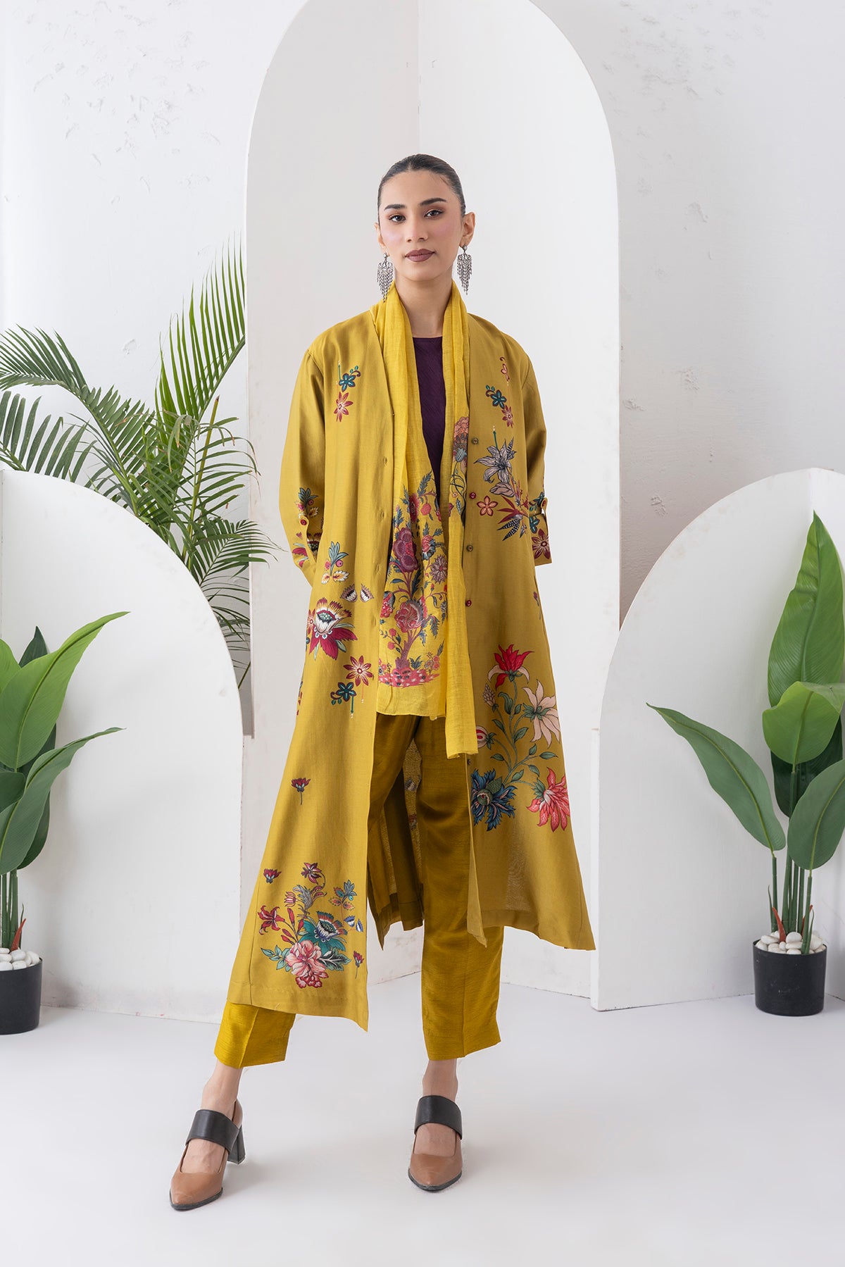 Mustard Silk Chanderi Printed High-Low Dress