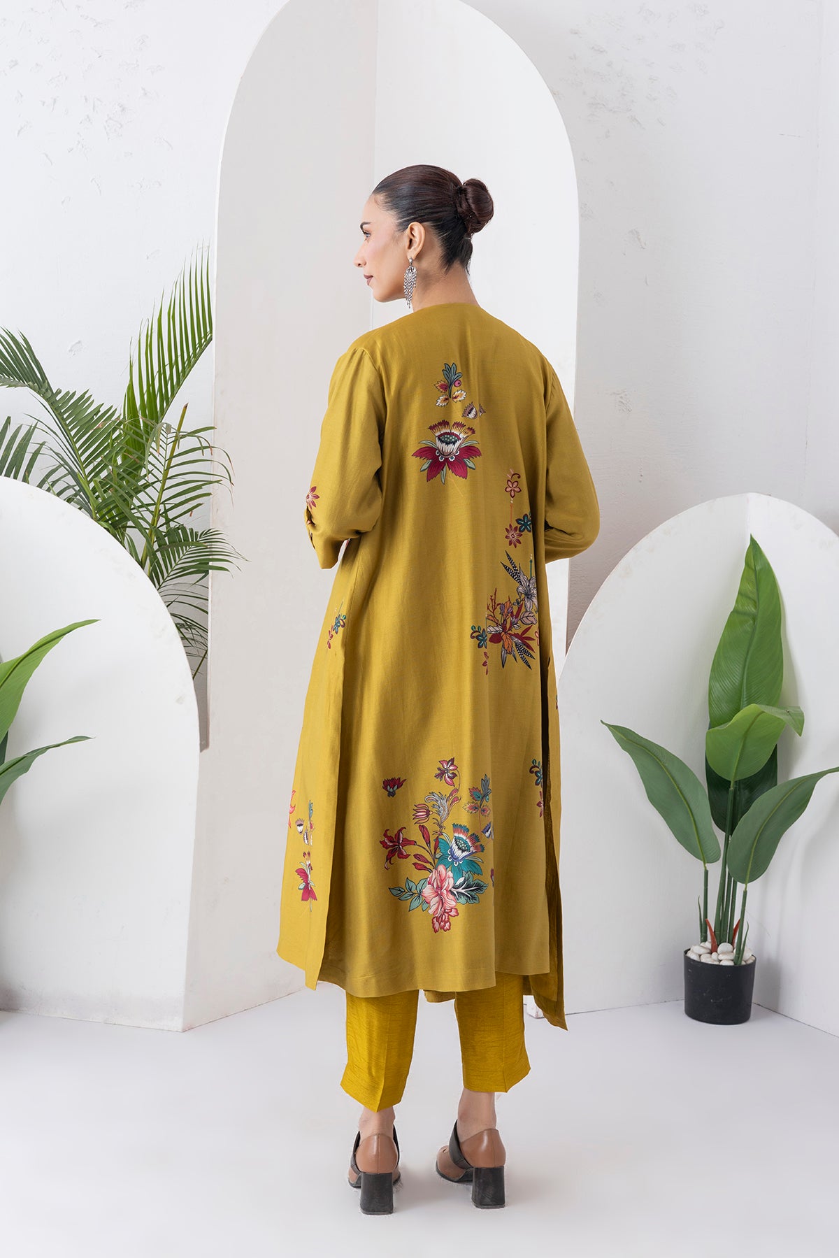 Mustard Silk Chanderi Printed High-Low Dress