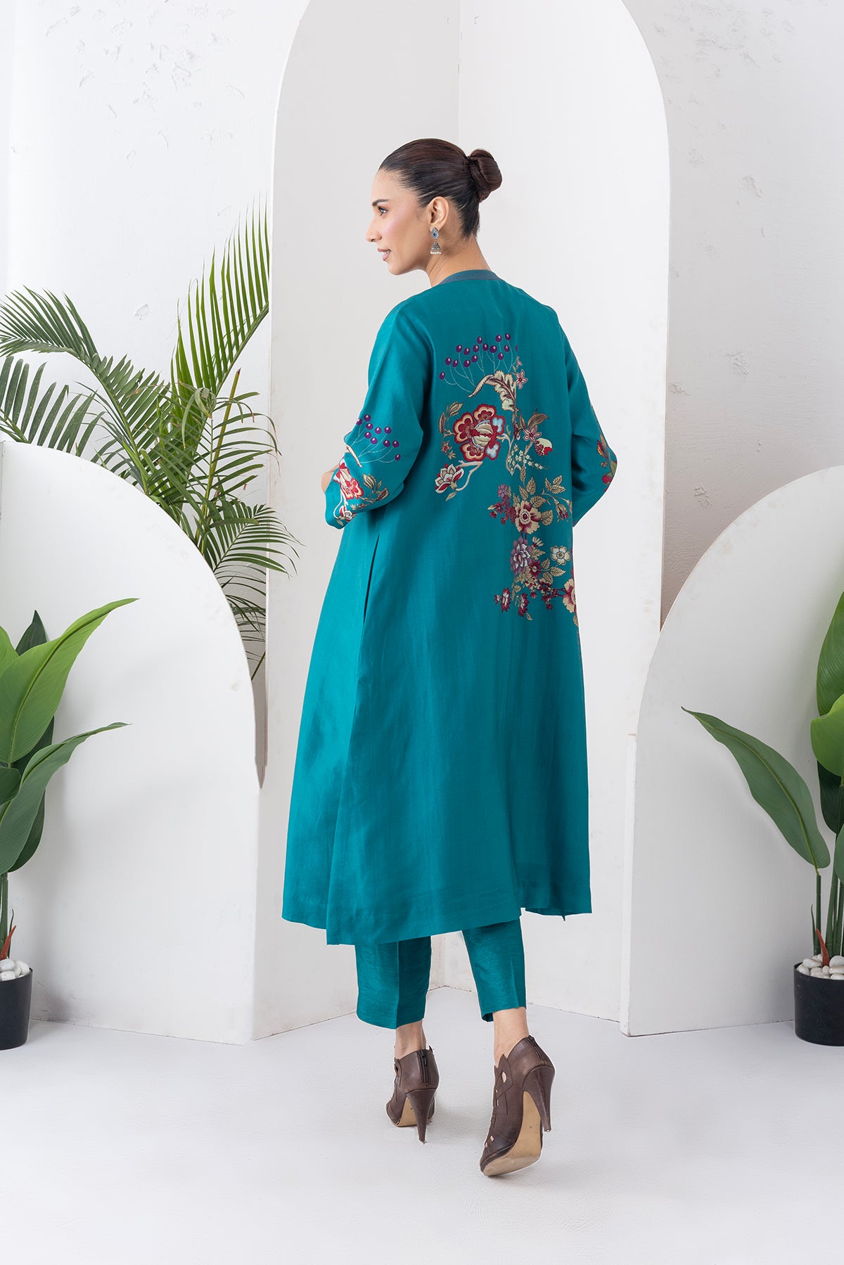 Emerald Silk Chanderi Floral Printed Front Open Dress