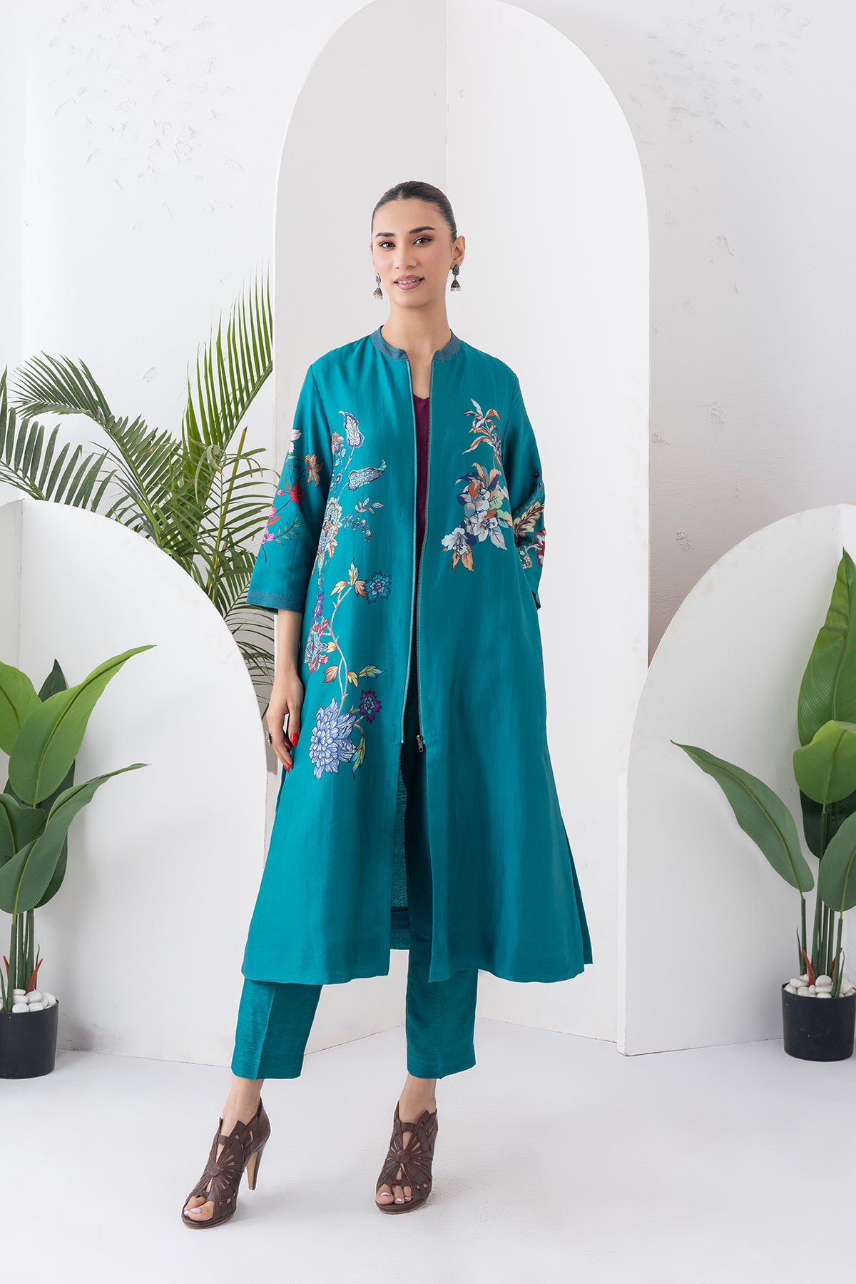 Emerald Silk Chanderi Floral Printed Front Open Dress