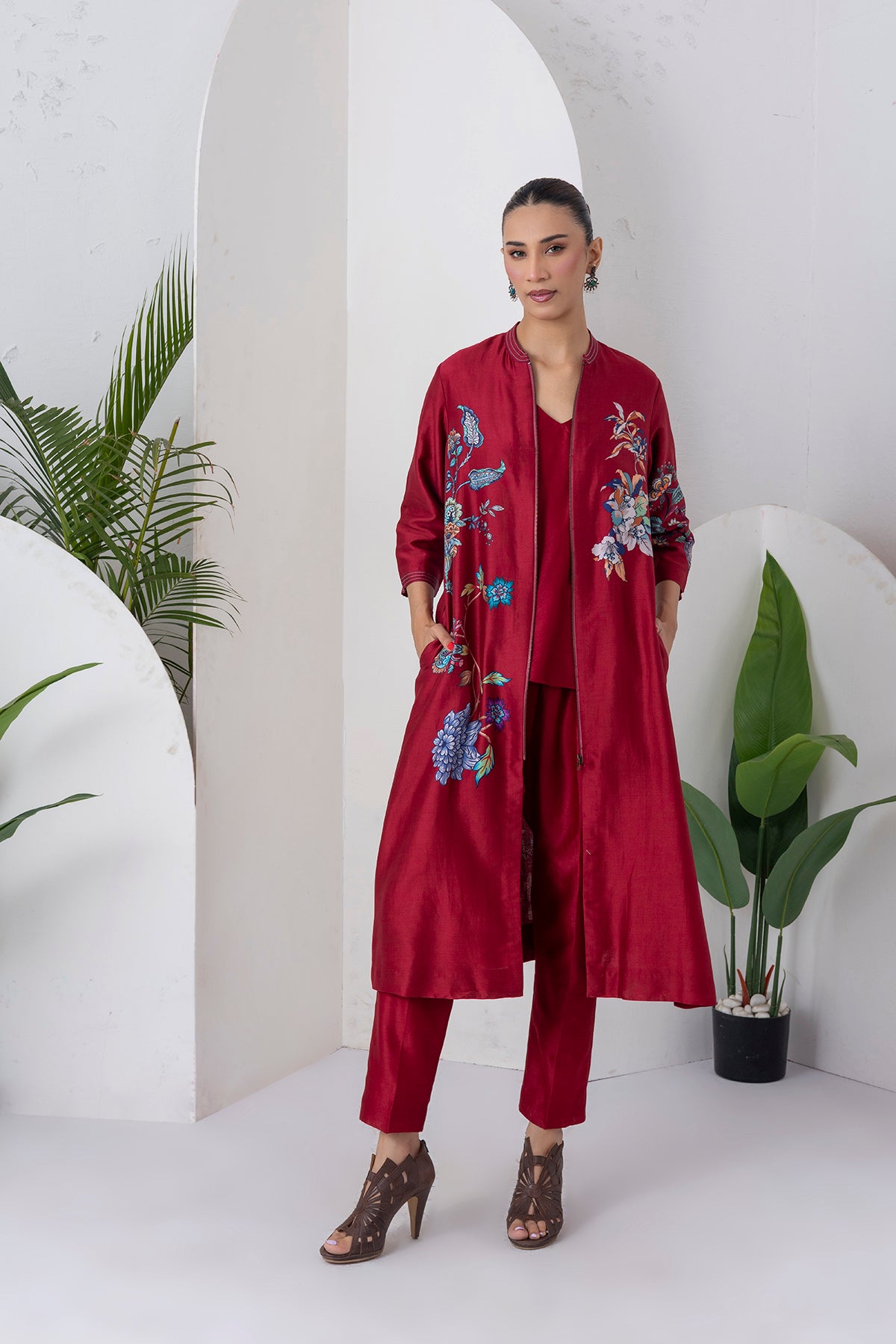 Maroon Silk Chanderi Floral Printed Front Open Dress