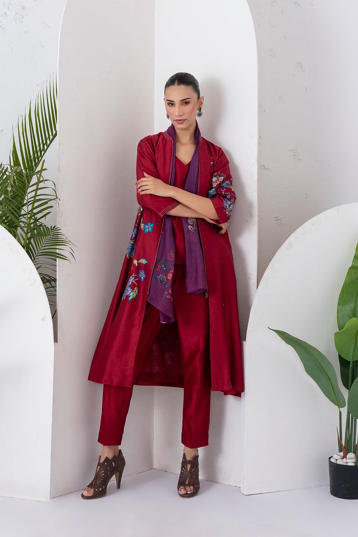 Maroon Silk Chanderi Floral Printed Front Open Dress