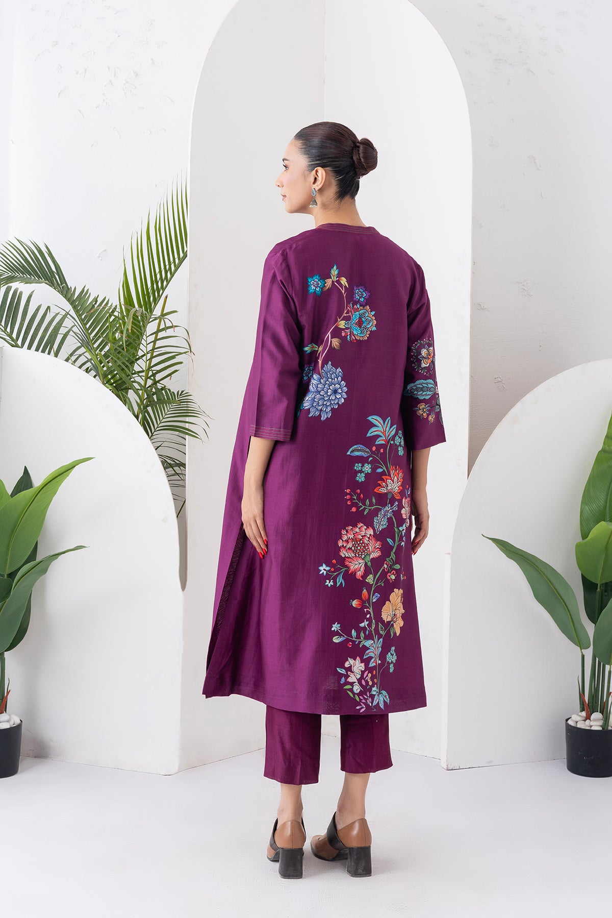 Wine Silk Chanderi Floral Printed Front Open Dress