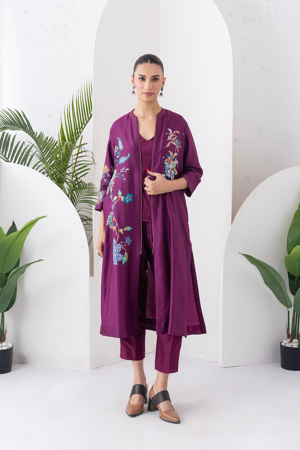 Wine Silk Chanderi Floral Printed Front Open Dress