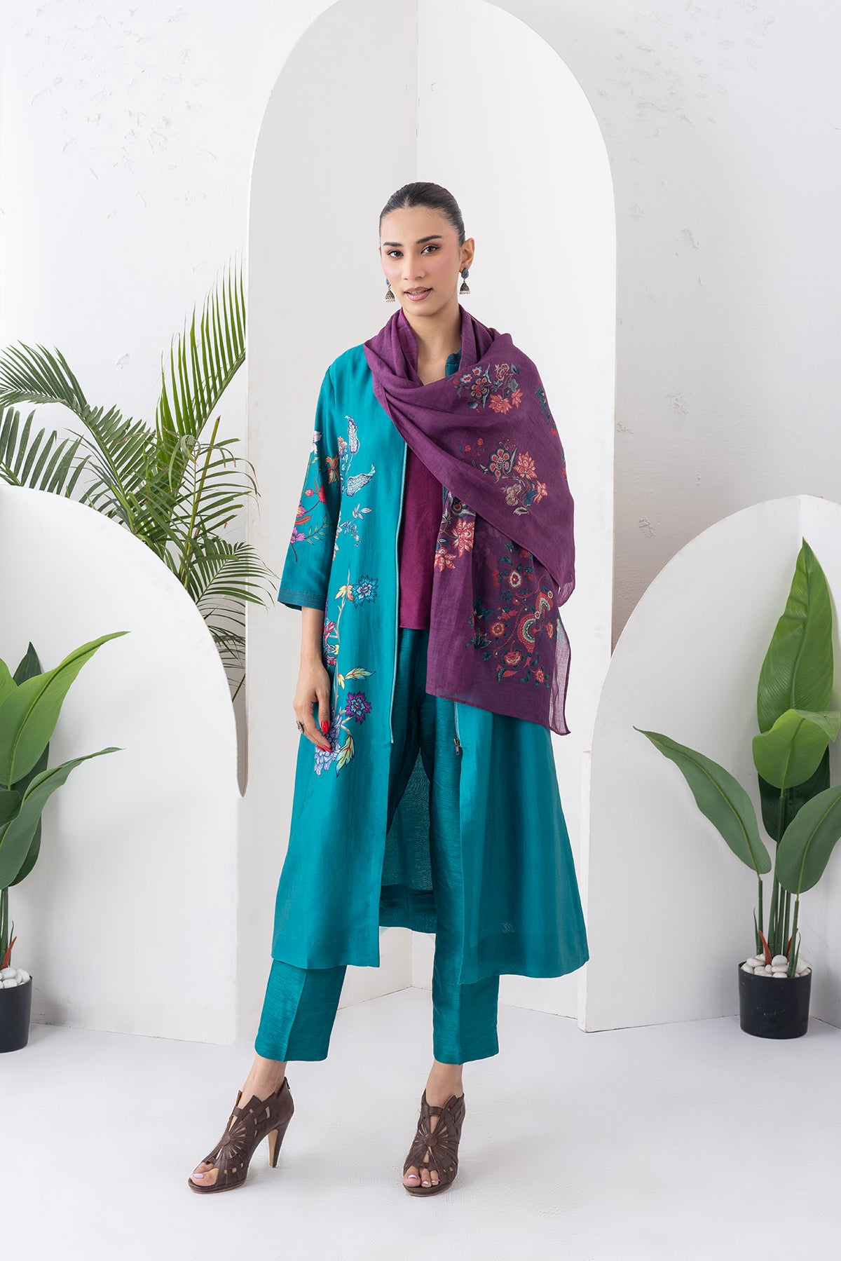 Emerald Silk Chanderi Floral Printed Front-Zip Dress