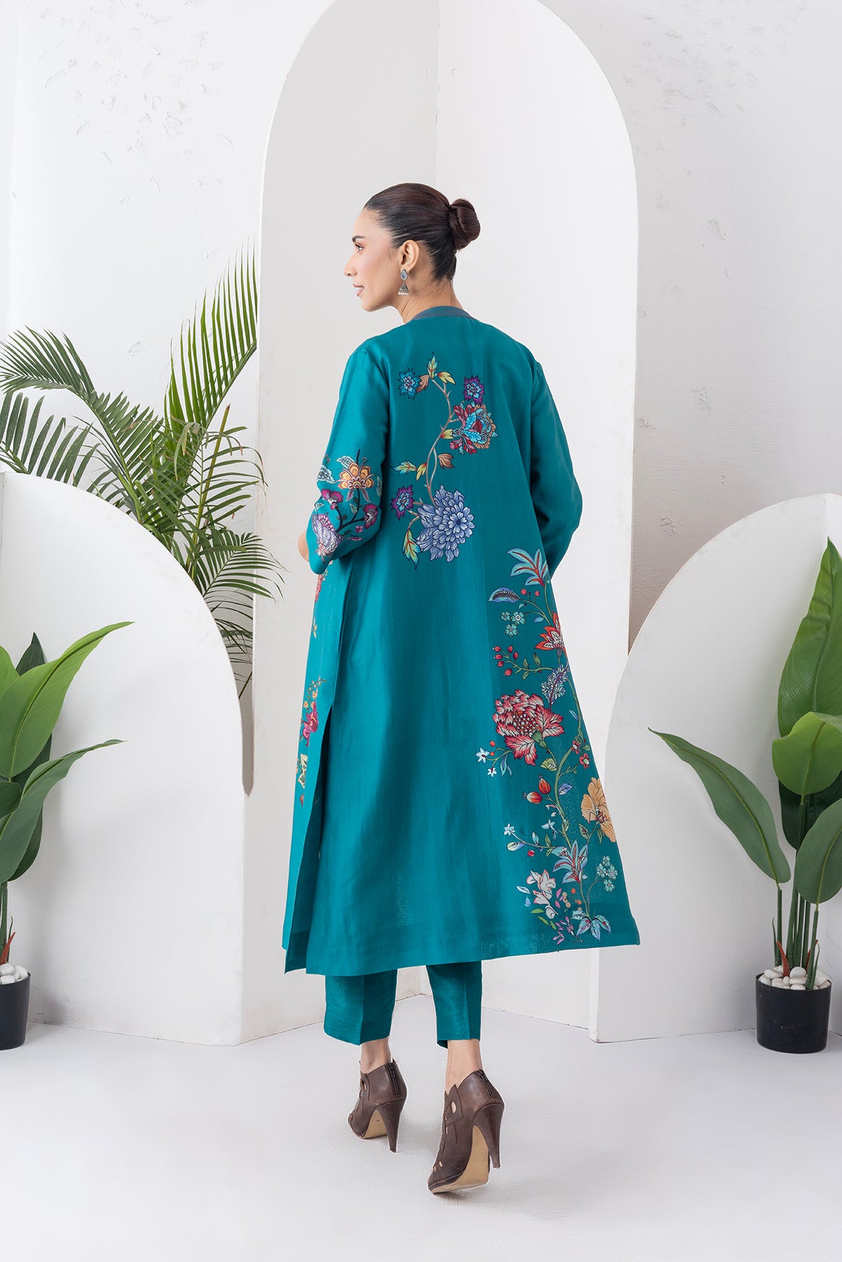 Emerald Silk Chanderi Floral Printed Front-Zip Dress