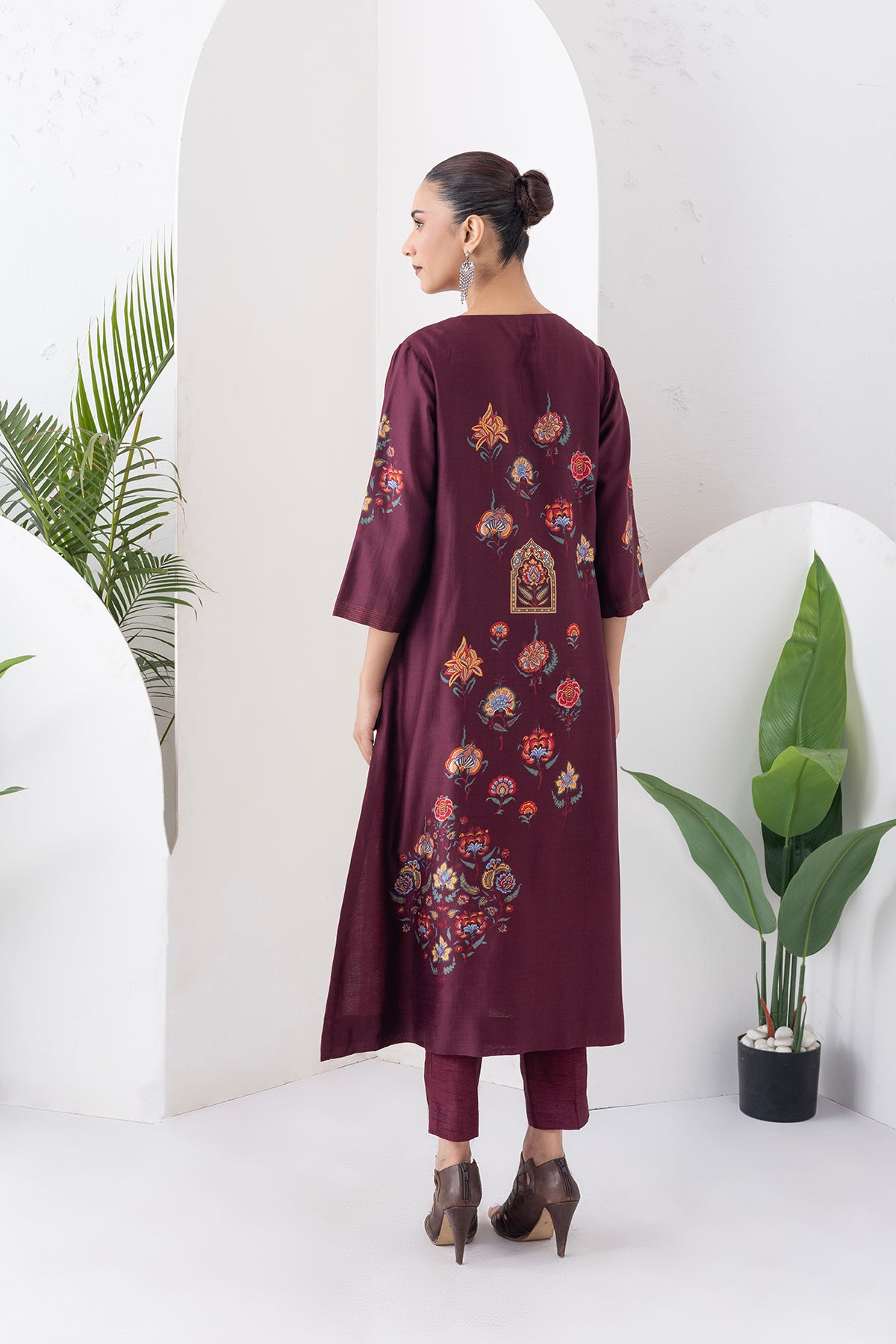 Chocolate Brown Silk Chanderi Printed Side Panel Dress