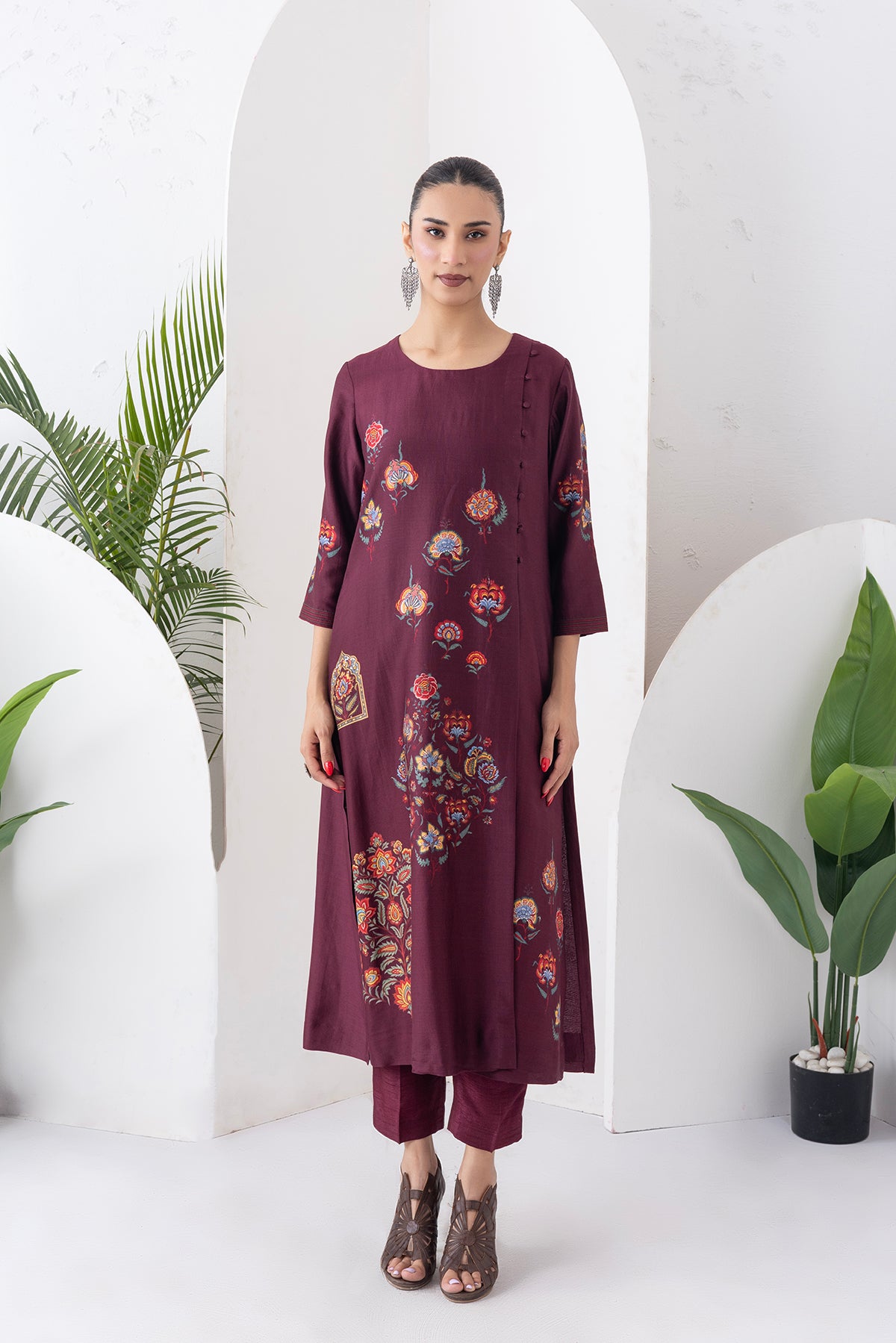 Chocolate Brown Silk Chanderi Printed Side Panel Dress