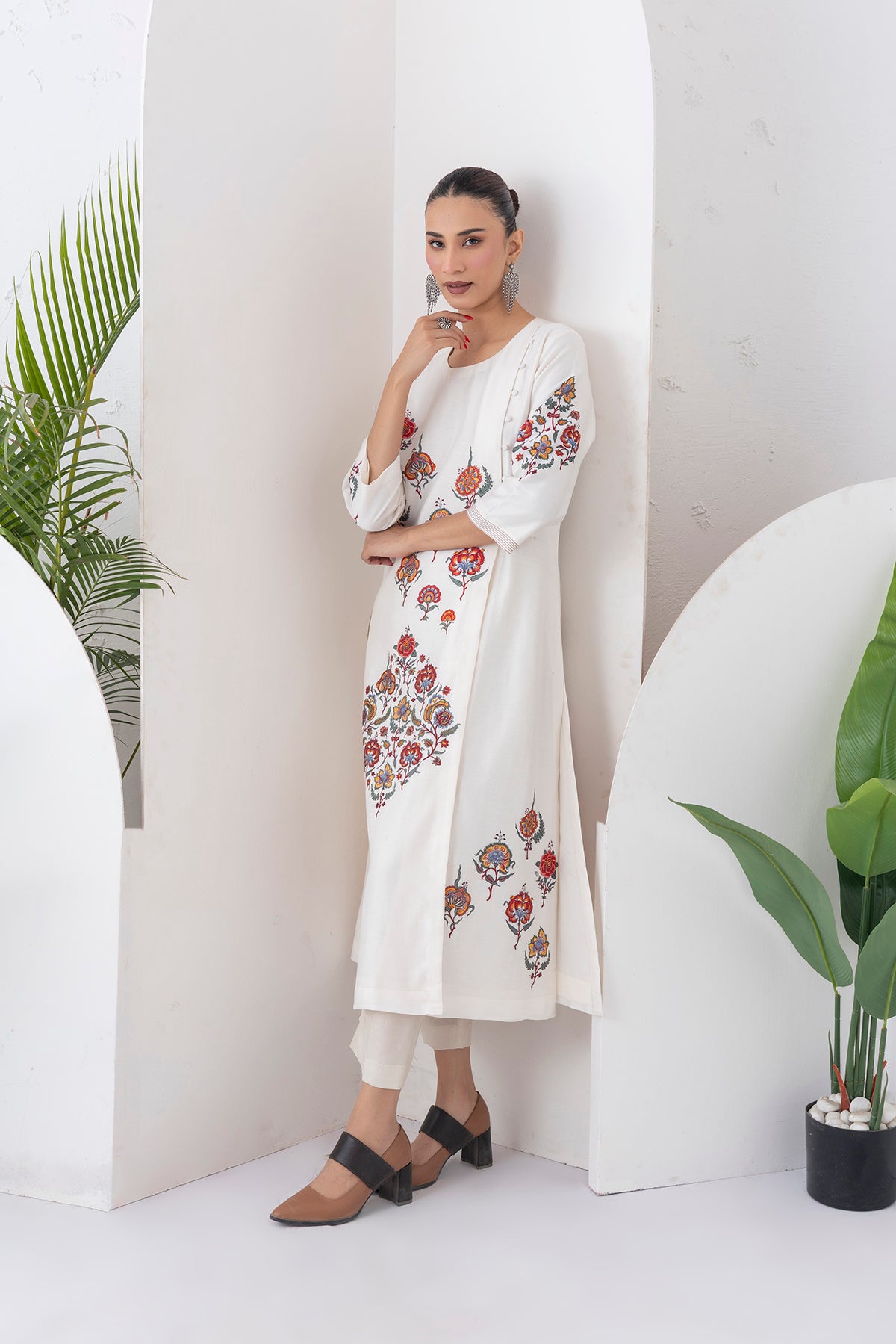 Ivory Silk Chanderi Printed Side Panel Dress