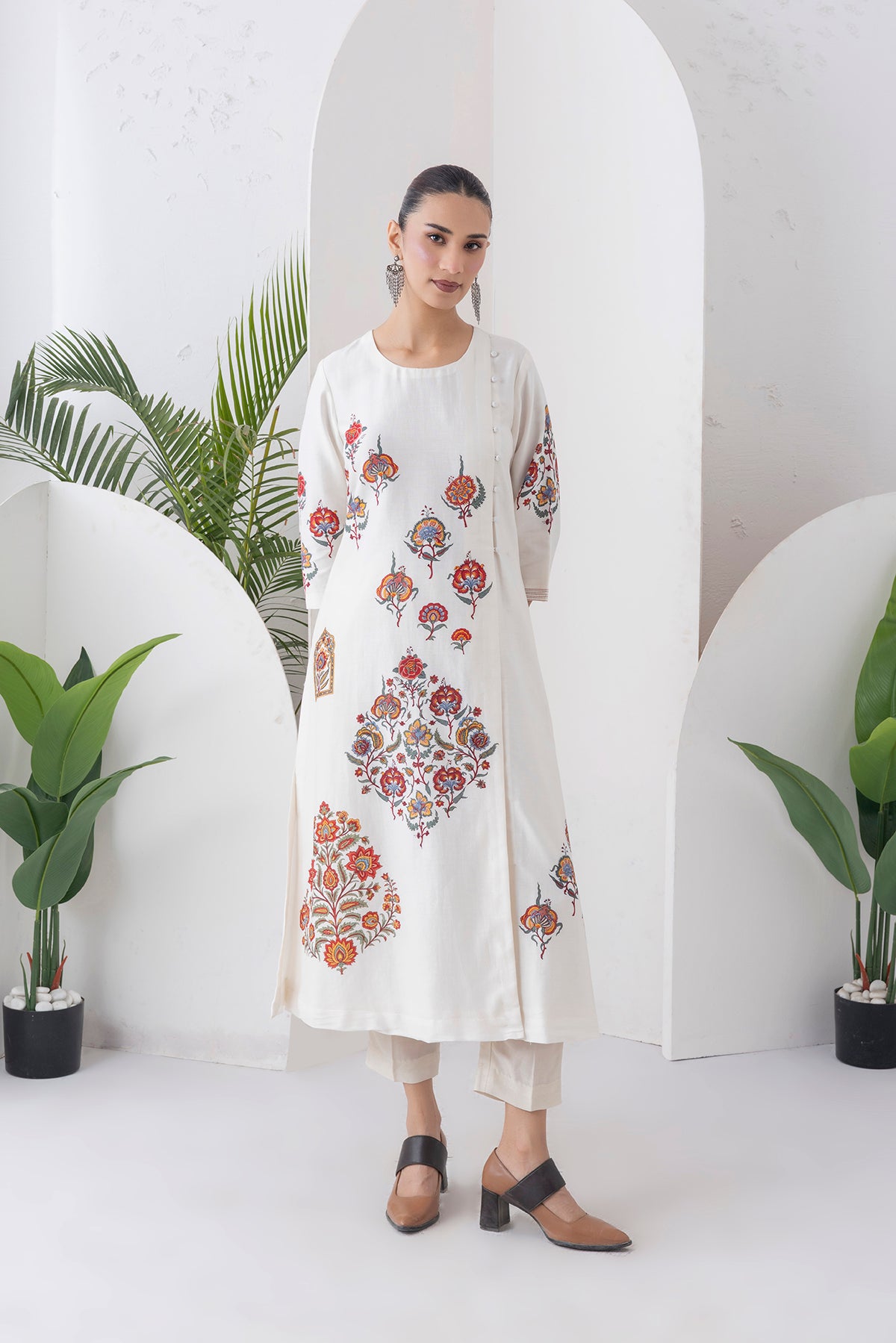 Ivory Silk Chanderi Printed Side Panel Dress