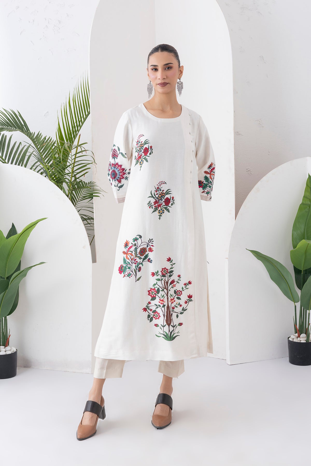 Ivory Silk Chanderi Floral Boota Printed Dress