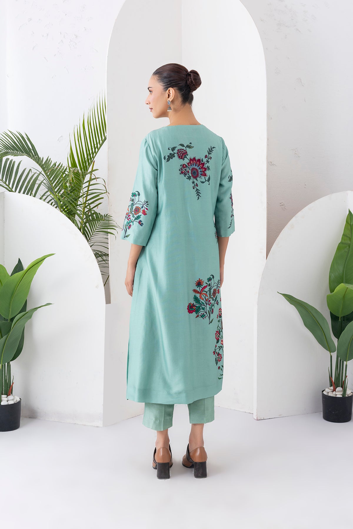 Mint Silk Chanderi Floral Boota Printed Dress