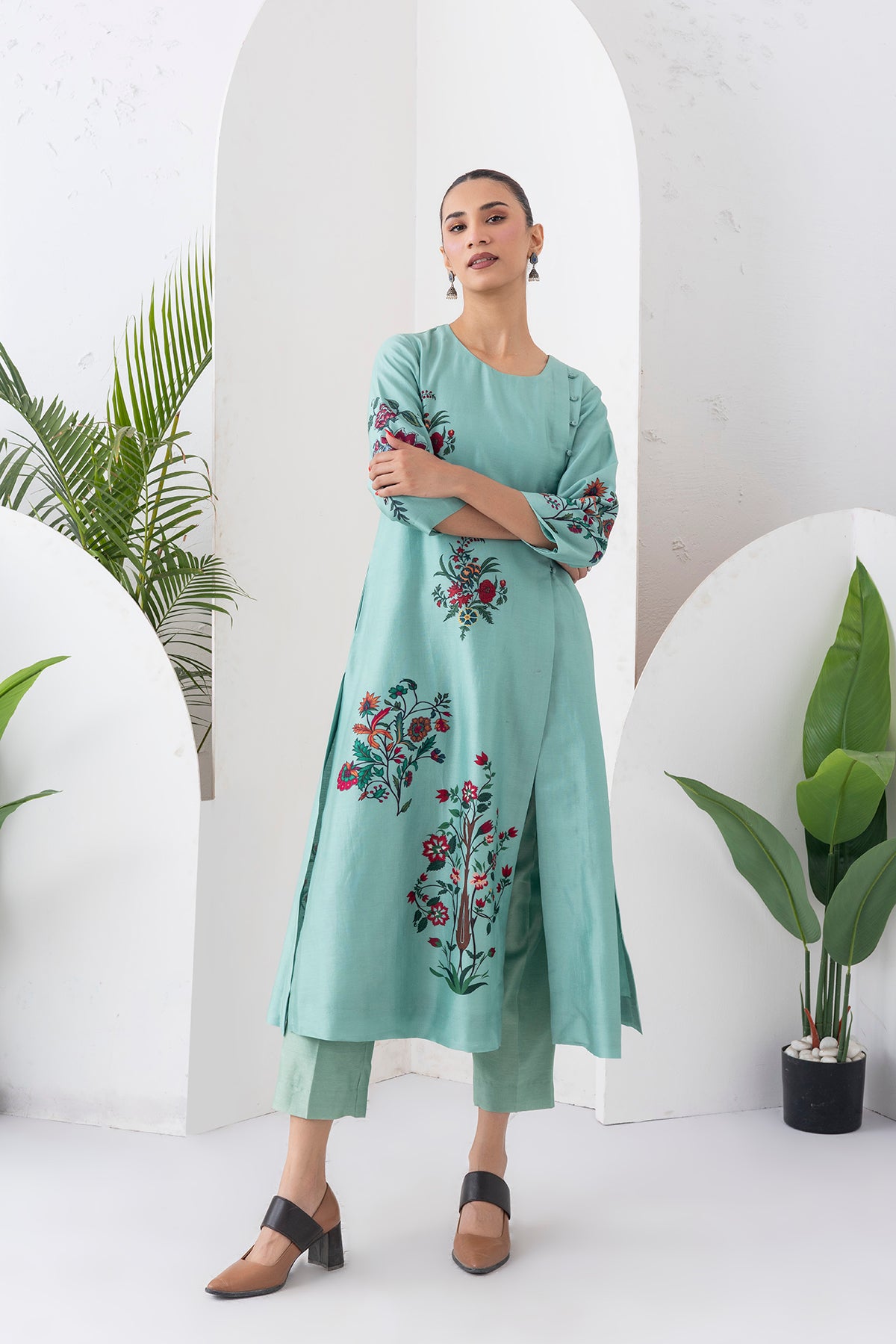 Mint Silk Chanderi Floral Boota Printed Dress