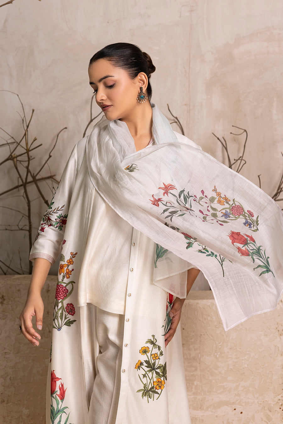 Ivory Silk Chanderi Floral Printed Stole