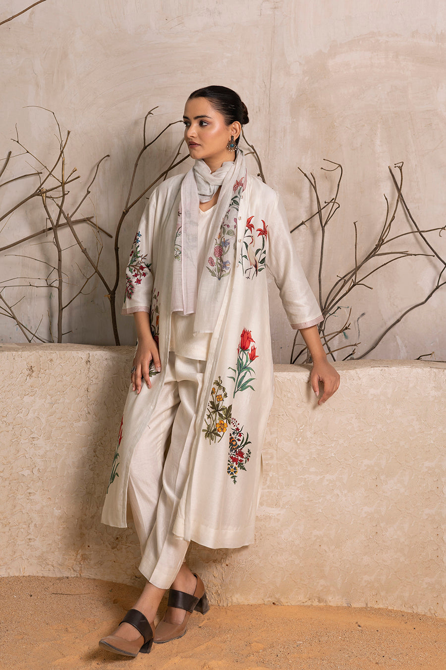 Ivory Silk Chanderi Floral Printed Stole