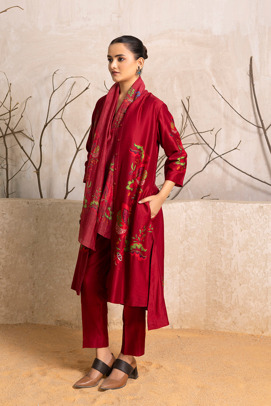 Red Silk Chanderi Printed Stole