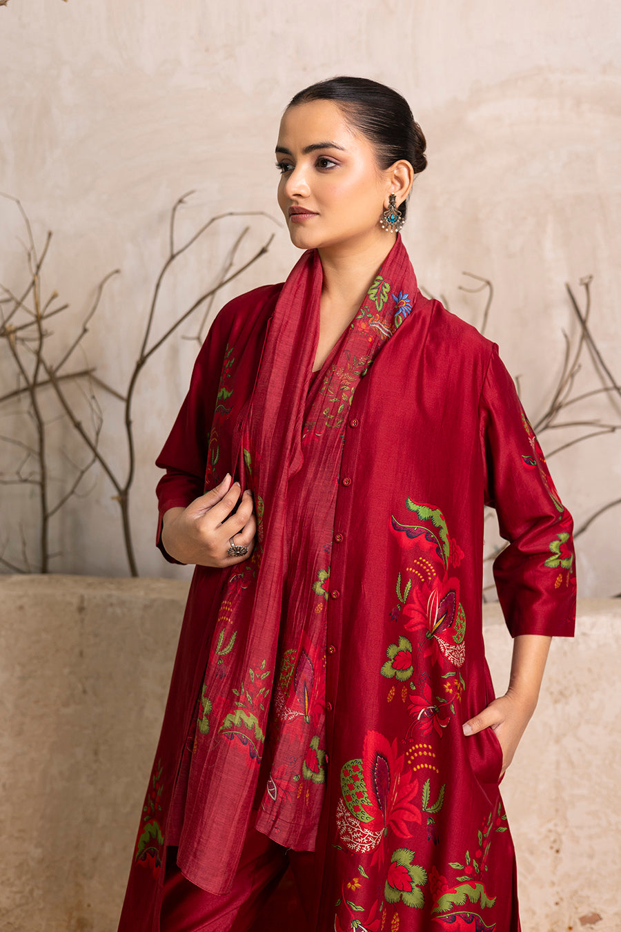 Red Silk Chanderi Printed Stole