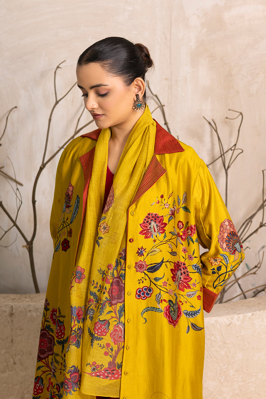 Yellow Silk Chanderi Chintz Printed Stole