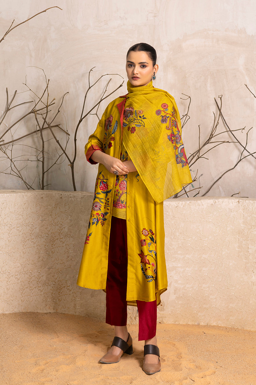 Yellow Silk Chanderi Chintz Printed Stole