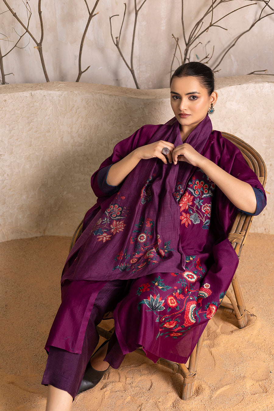 Wine Silk Chanderi Printed Stole