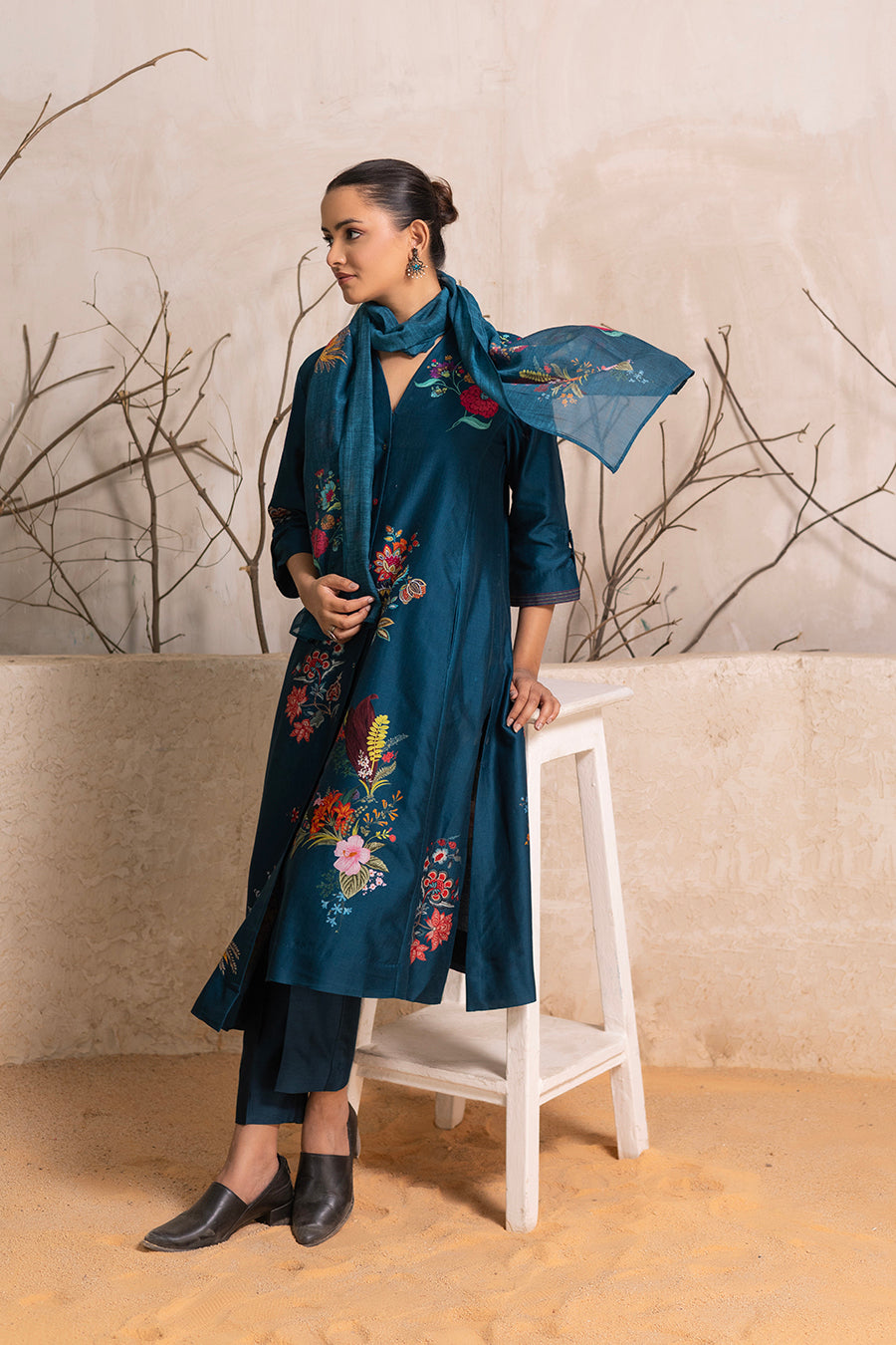 Indigo Silk Chanderi Printed Stole