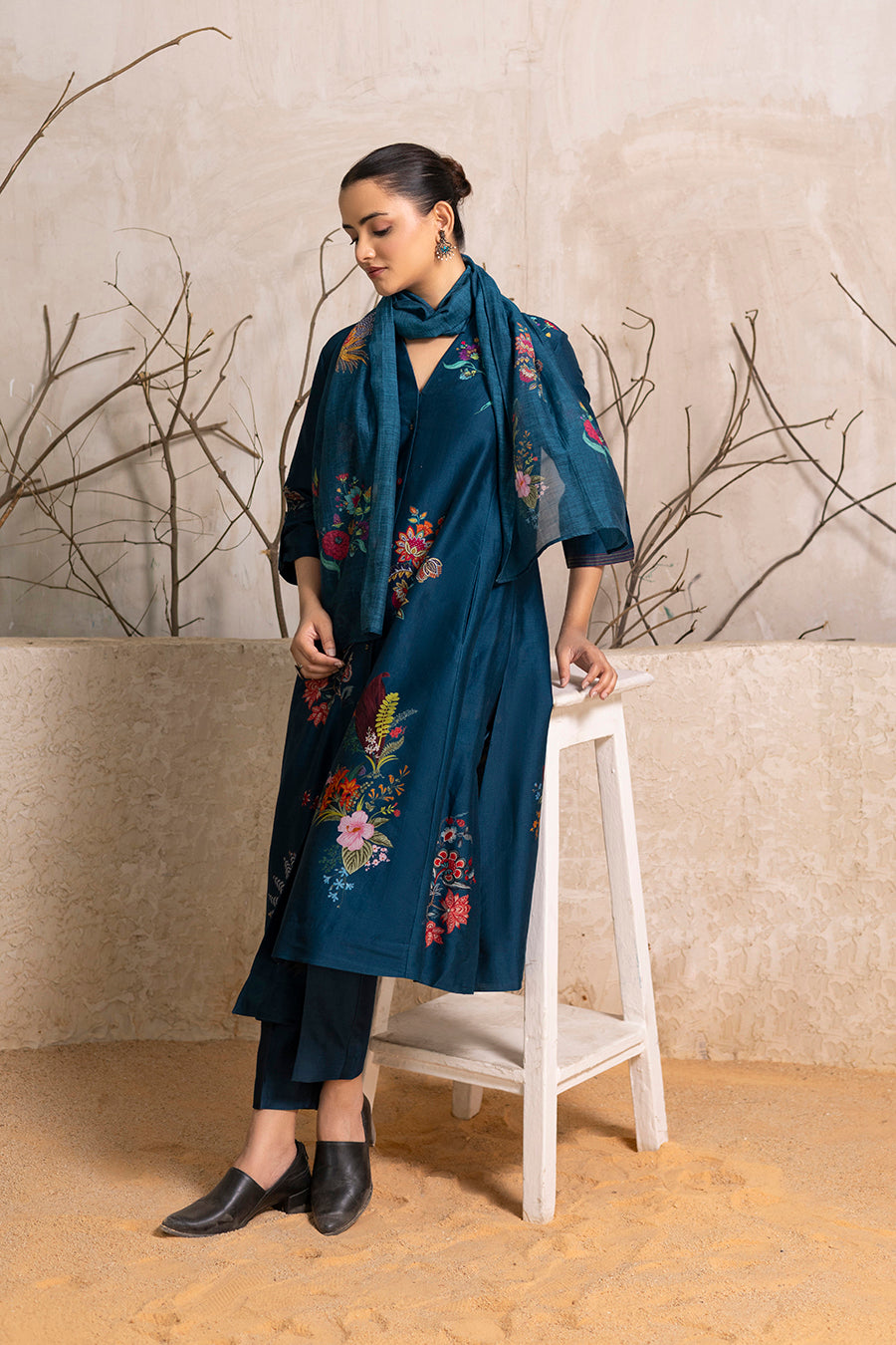Indigo Silk Chanderi Printed Stole
