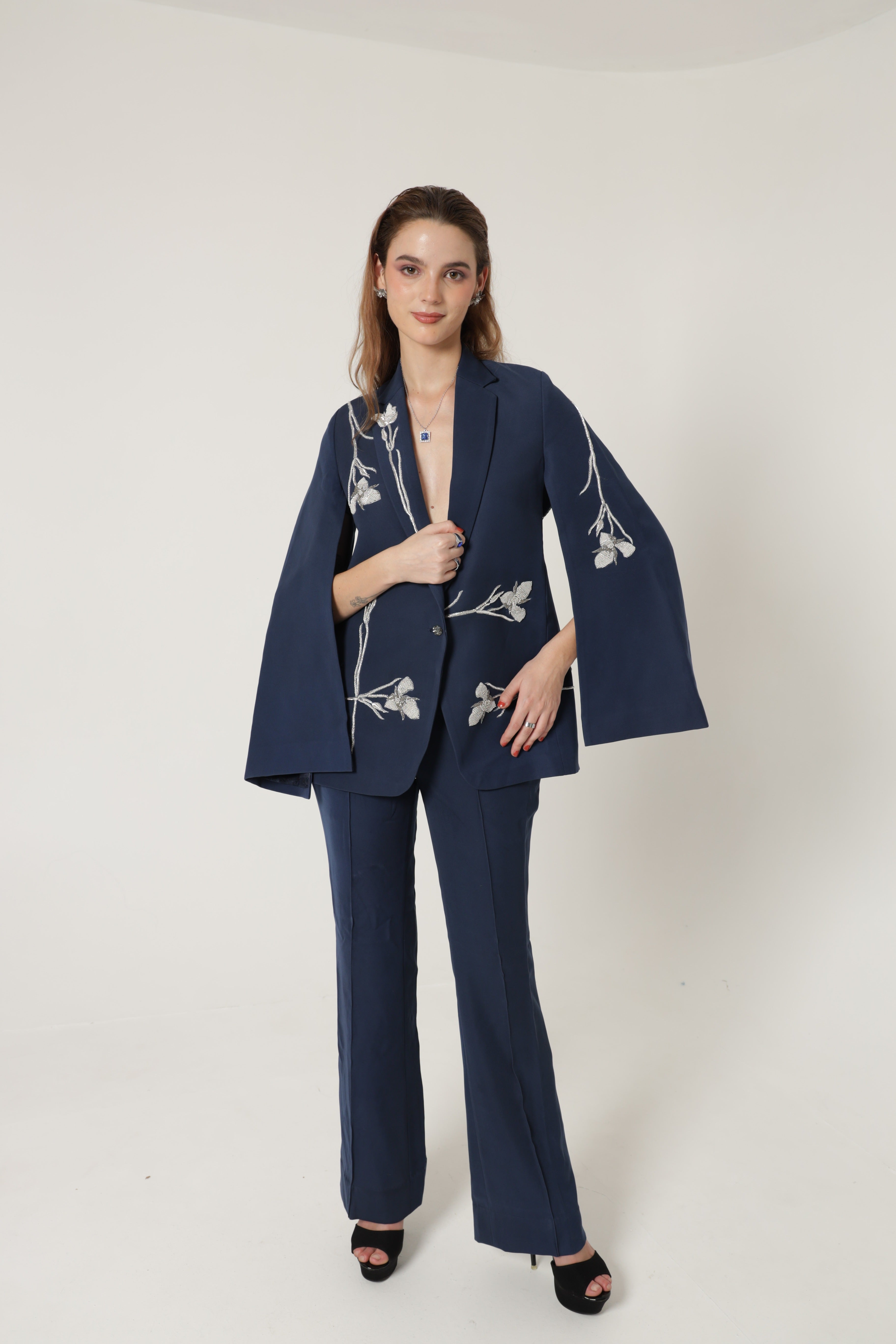 Dark blue cape blazer with with straight pant