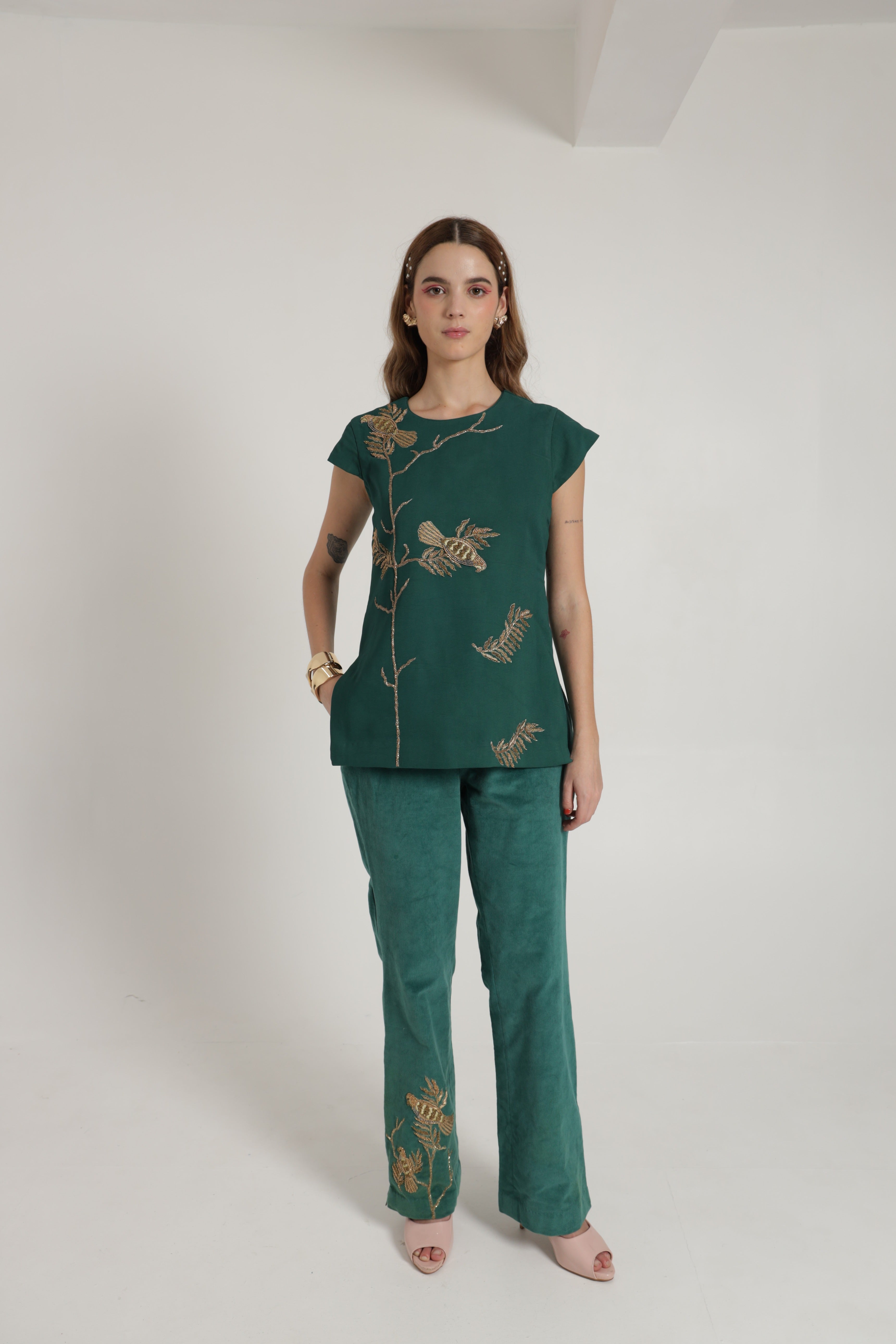 Bottle green top with corduroy pant