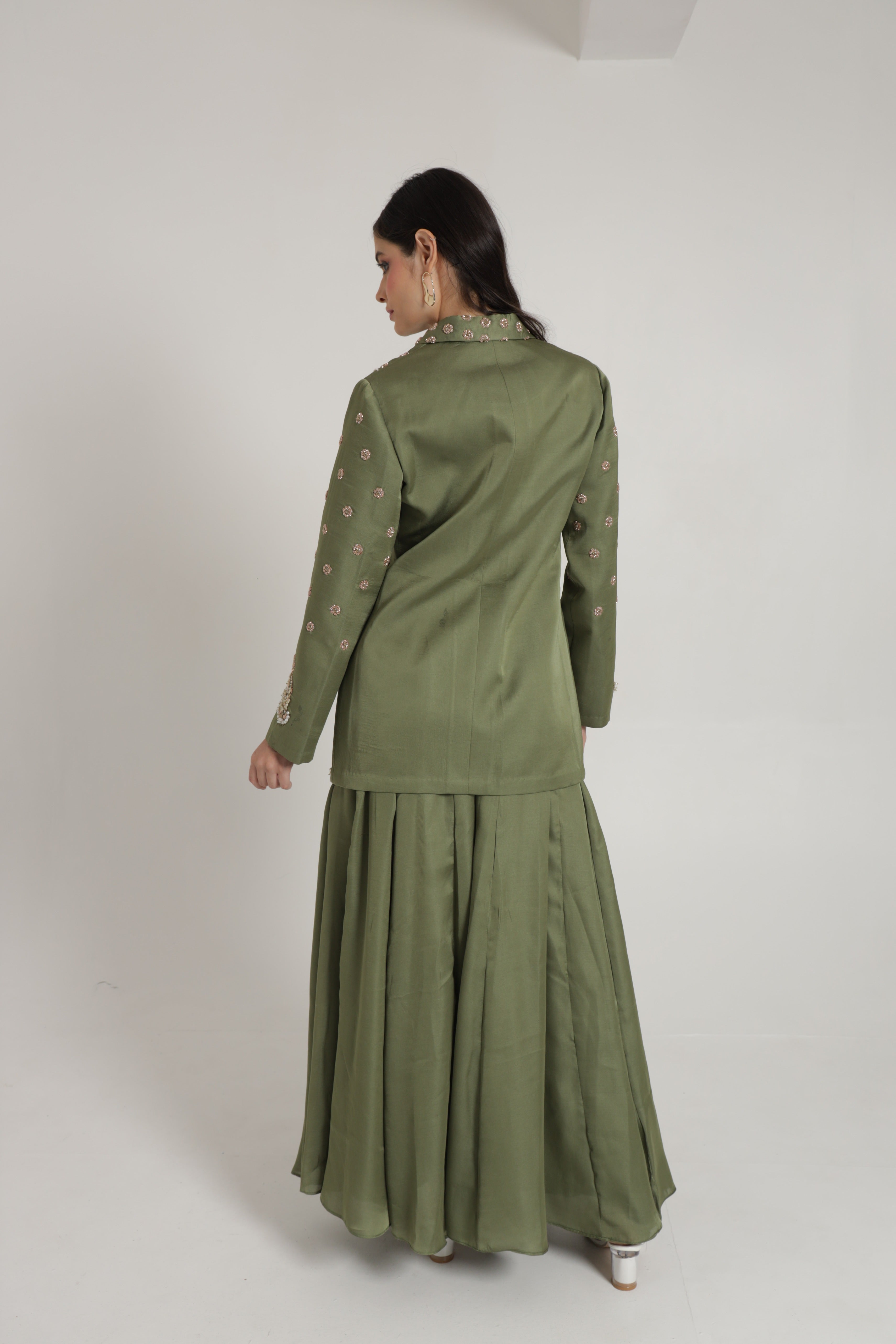 Mehandi green blazer with sharara