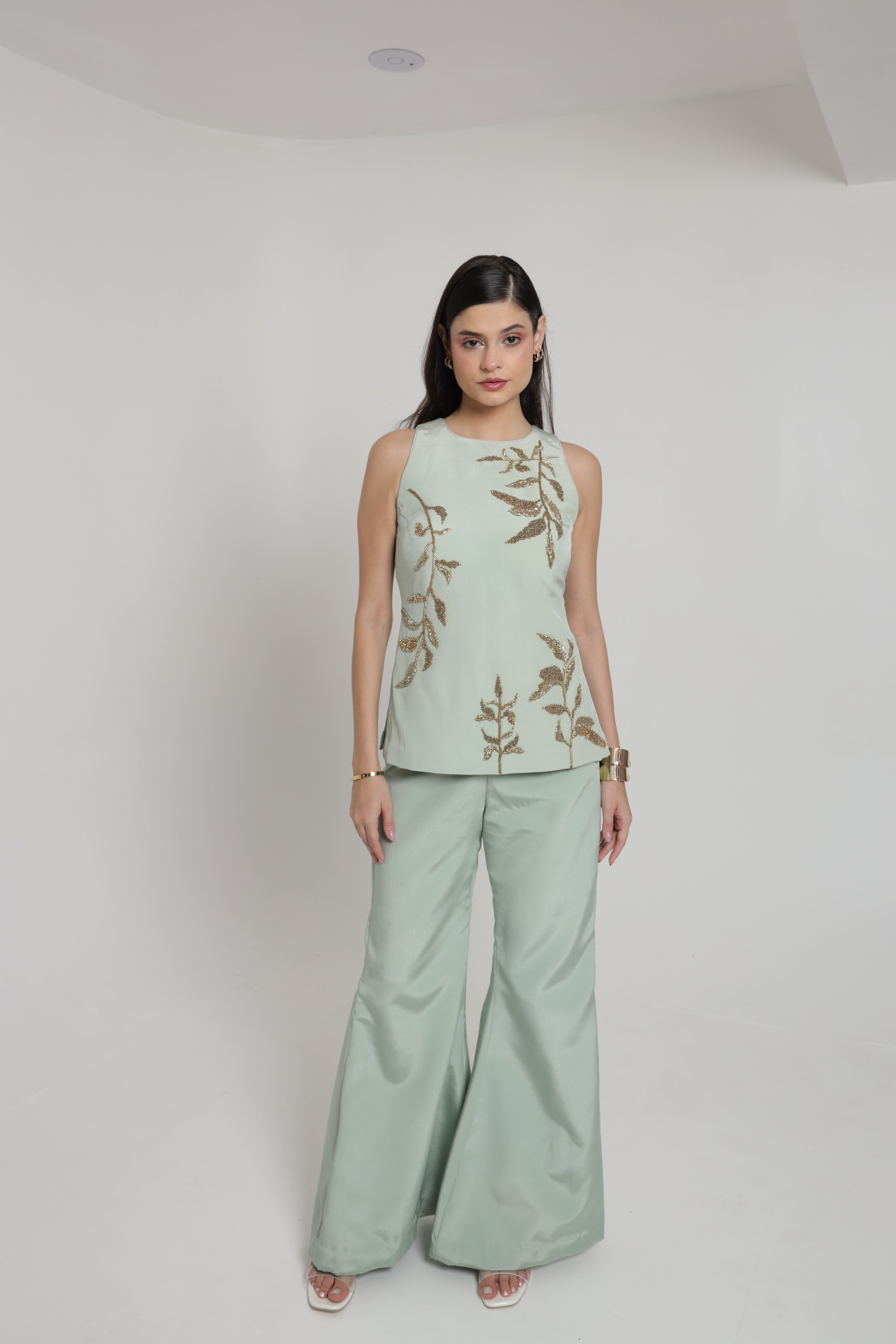 Sage green halter top with straight pants