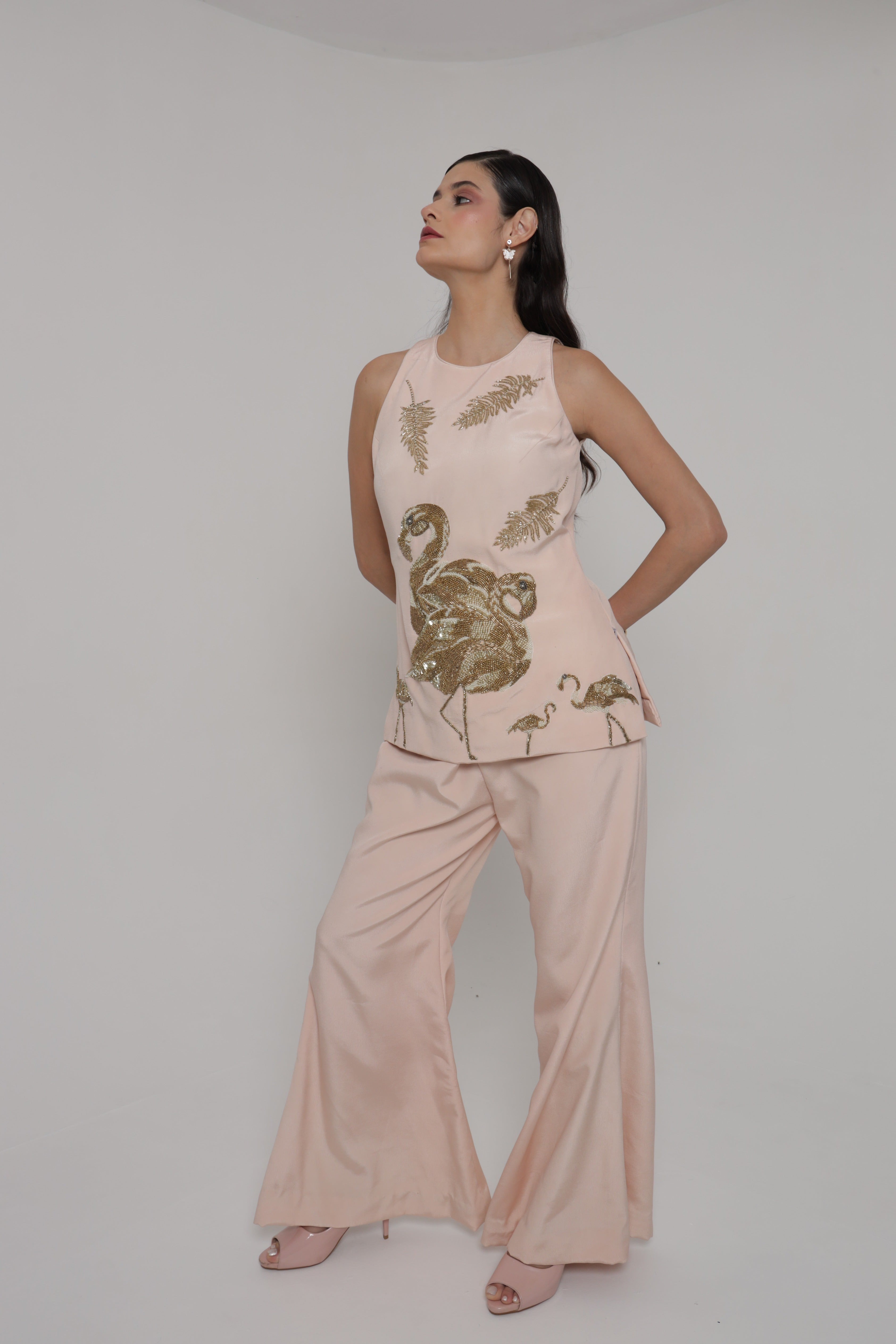 Light peach halter neck top with wide leg pant