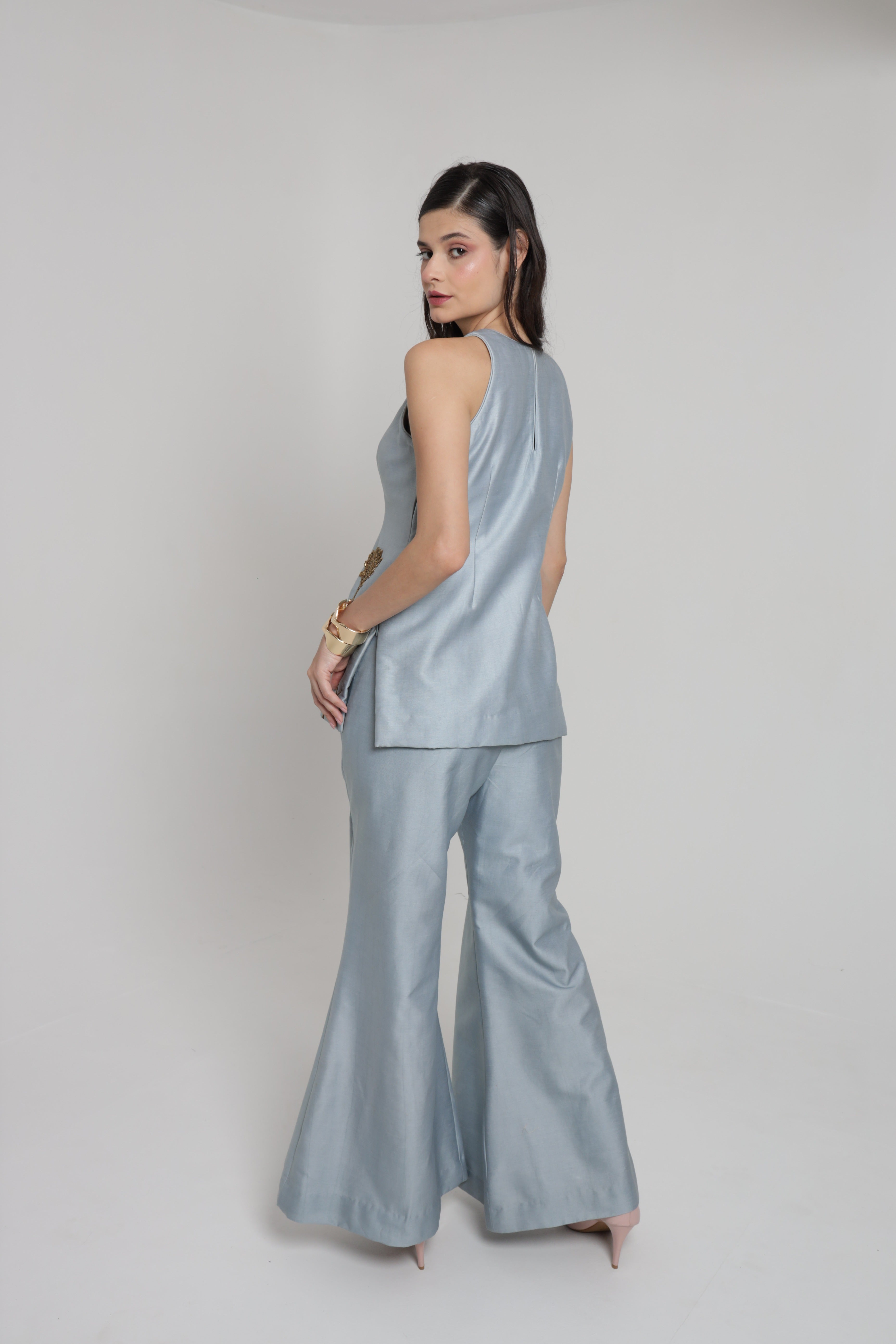 Ash blue halter neck top with wide leg pant