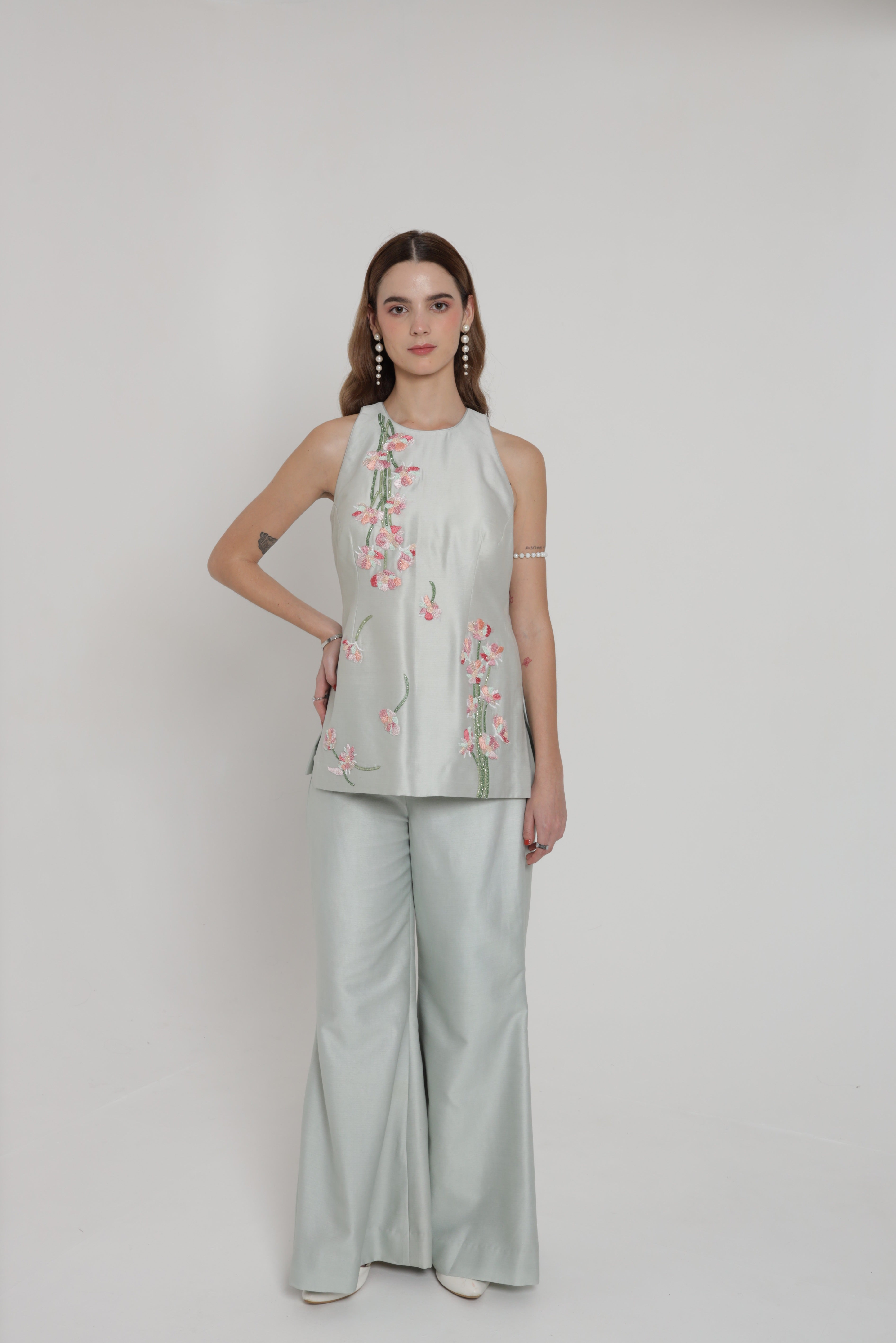 Sage green halter top with wide leg pants
