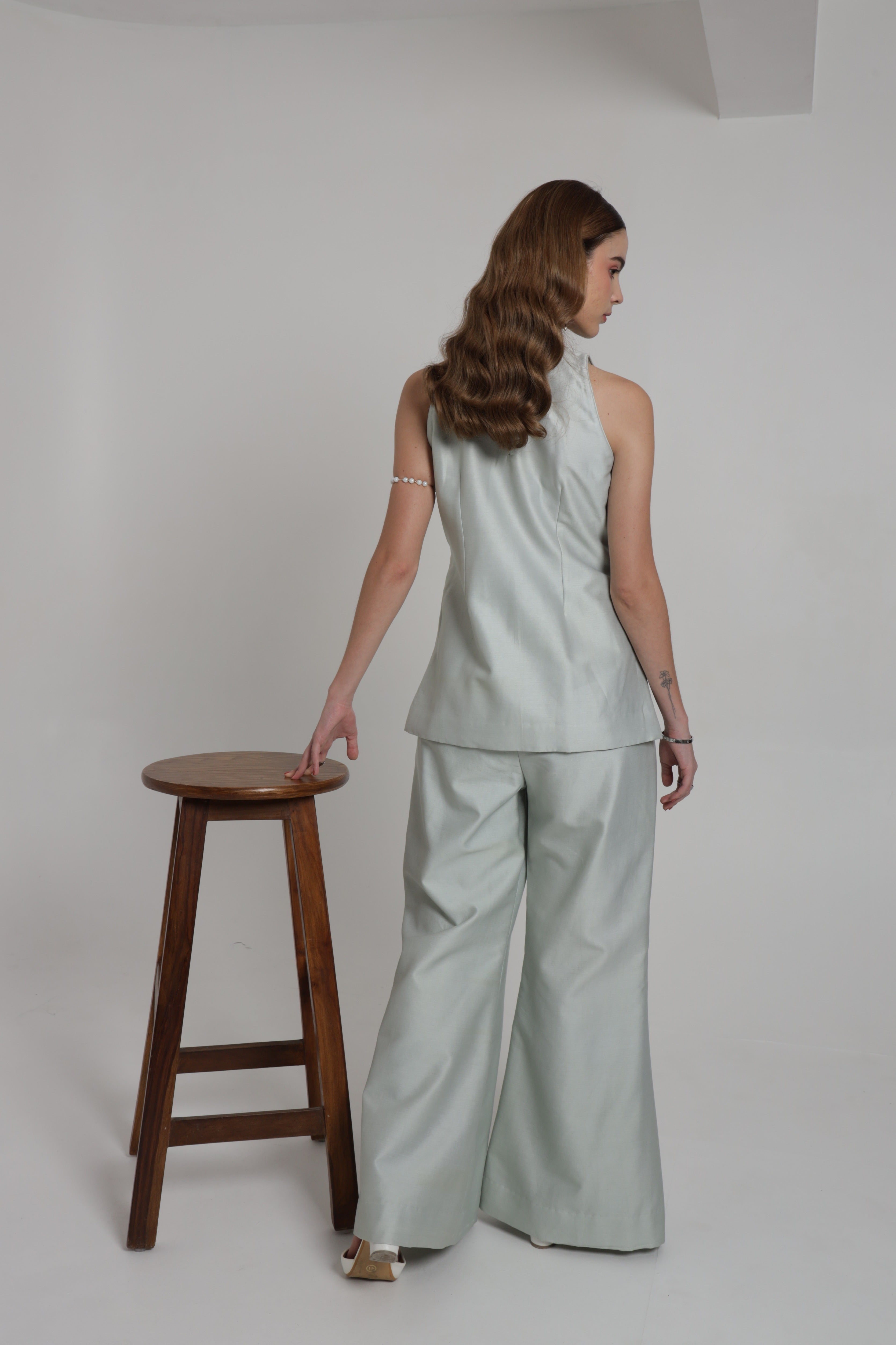 Sage green halter top with wide leg pants