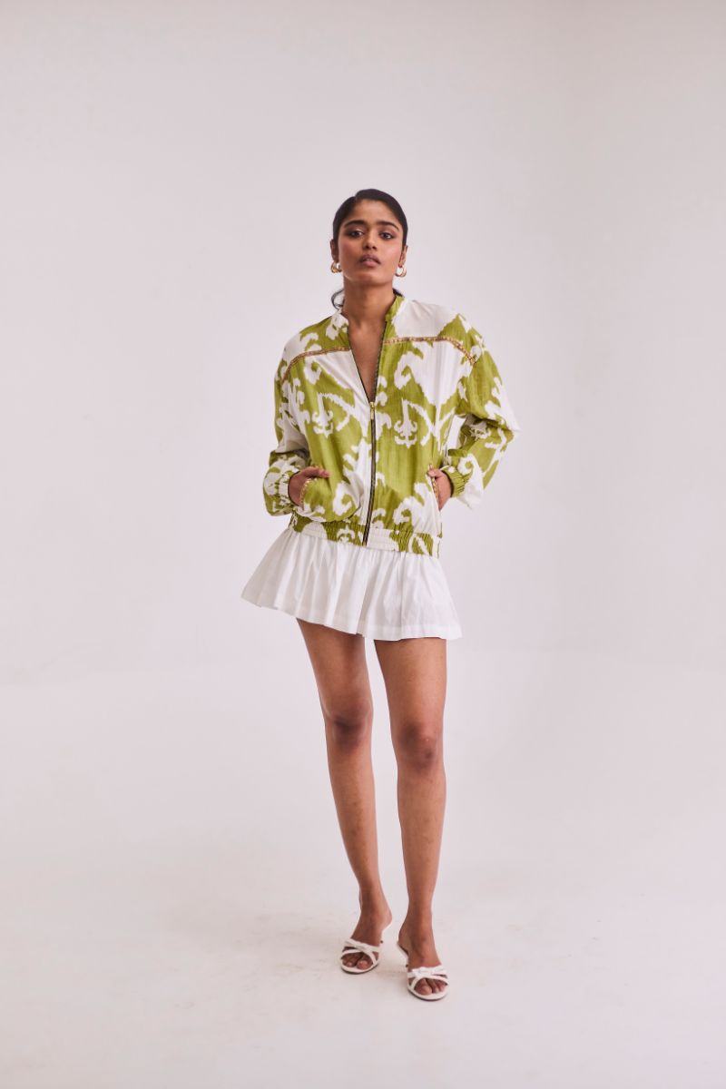 Green Ikkat Jacket & White Skort Set