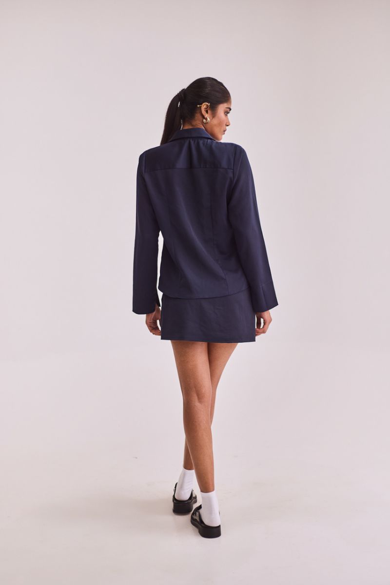 Navy Blue Satin Shirt & Skort Set